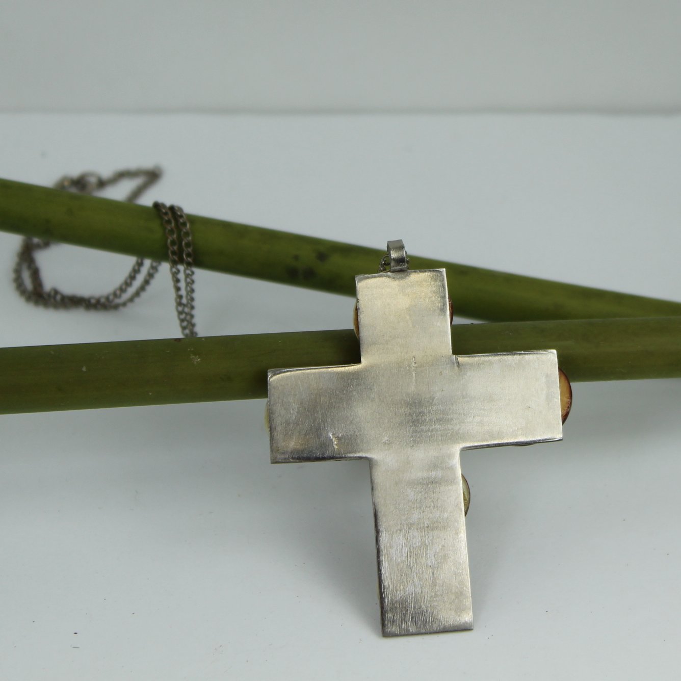 Operculum Large Cross Necklace Sweetheart WW 11 Trench Art Silver Military Metal reverse of cross
