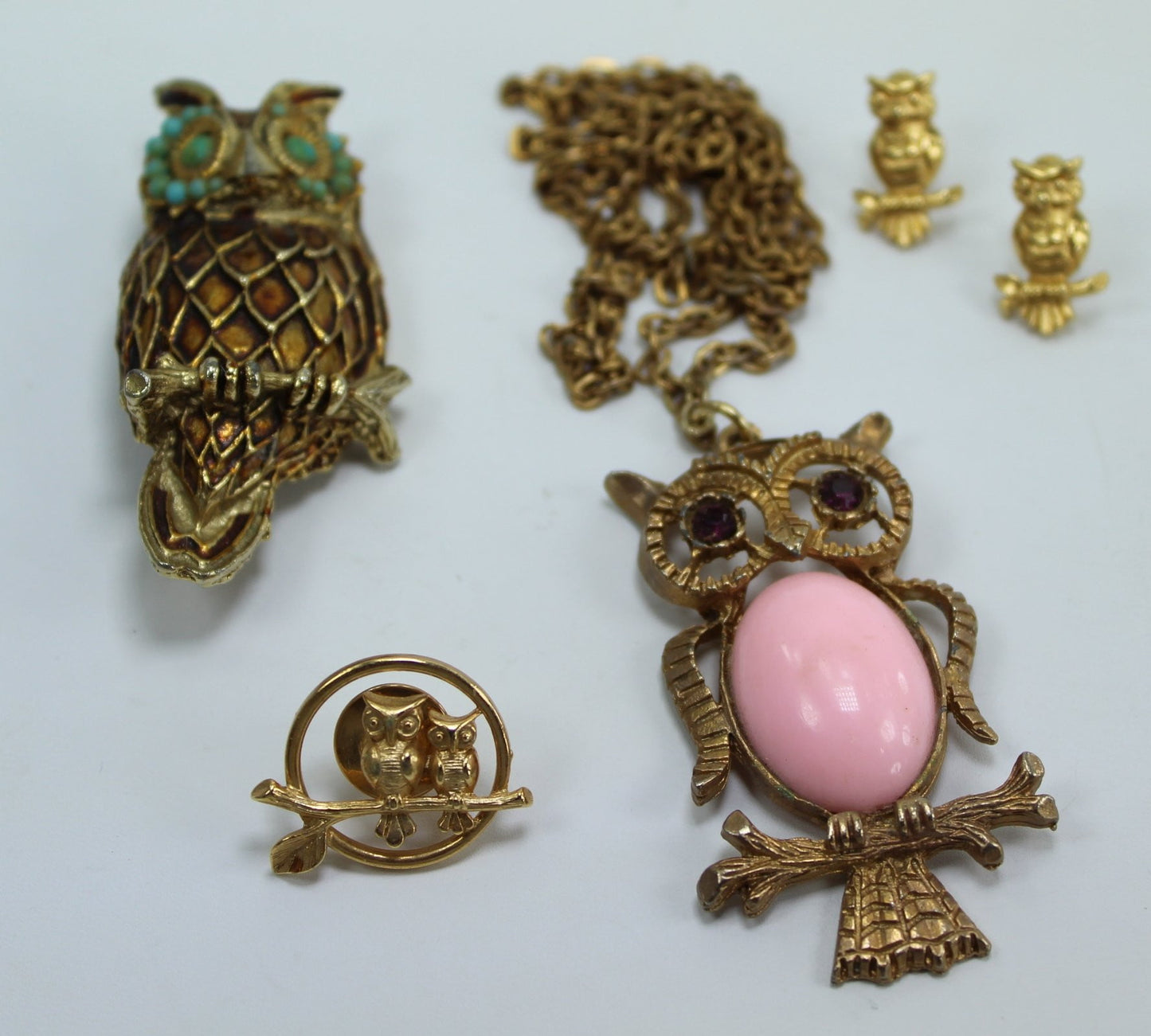 OWLS Jewelry Lot 8 Pieces Necklace Pins Earrings Vintage Crystals Pink Jelly B MOP Wearables collectibles