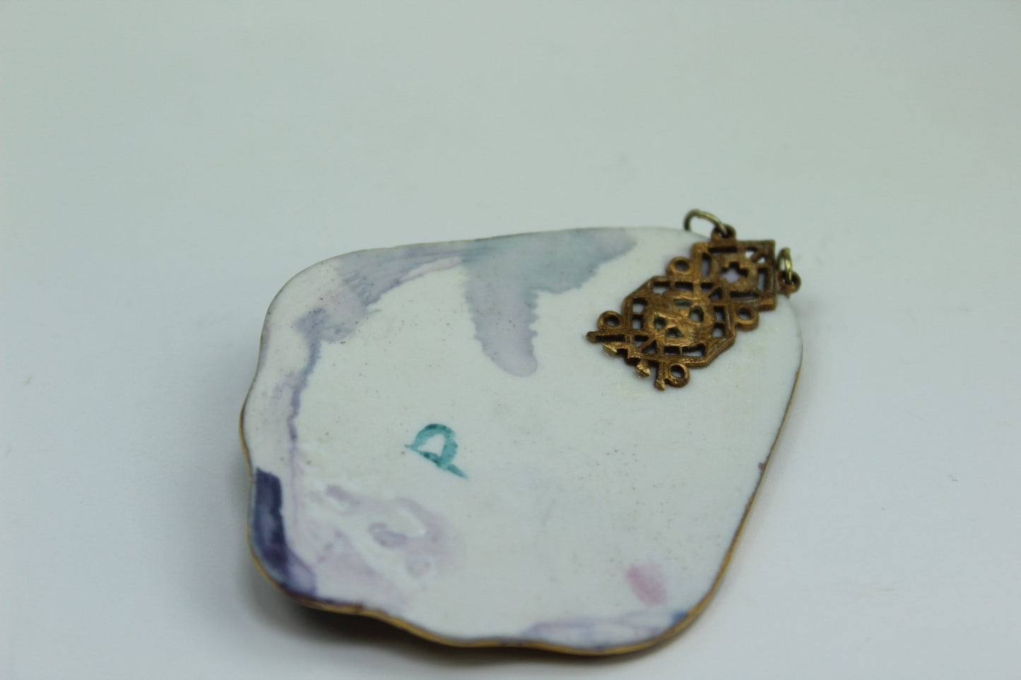 Porcelain Pendant Hand Painted Purple Blues Aqua Gold Large 2 3/4" estate item