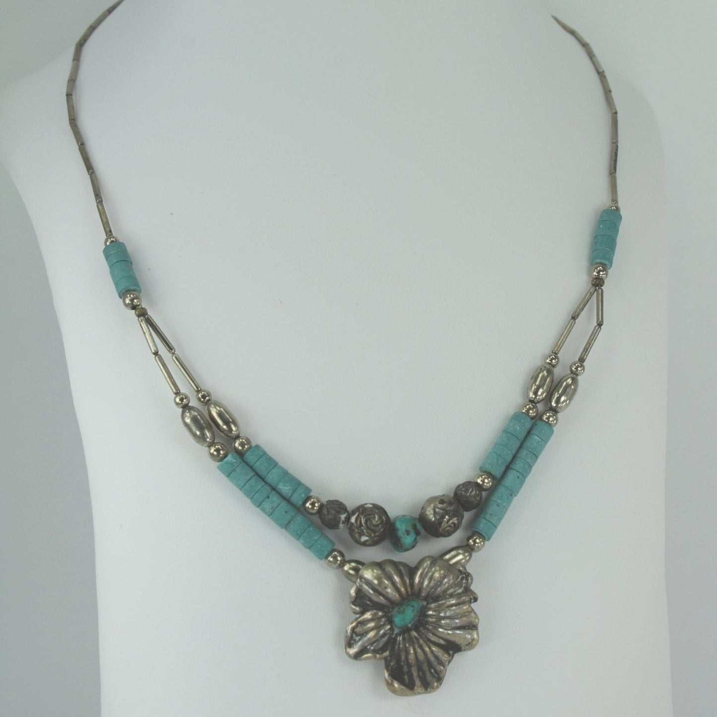 Southwest Necklace Turquoise Silver Beads Flower Focal 2 Strand