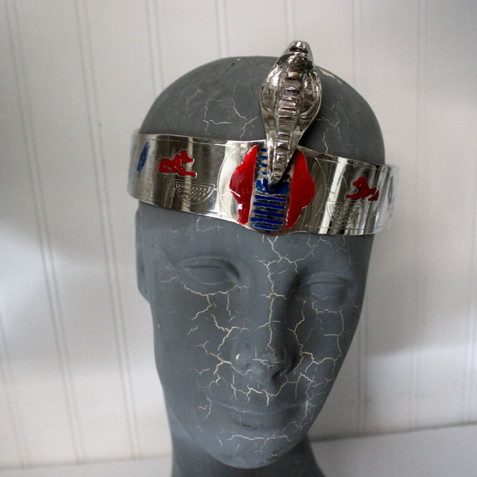 Egyptian Style Silver Metal Head Band Cobra Hieroglyphics Costume Party Fun Gift how fits on head