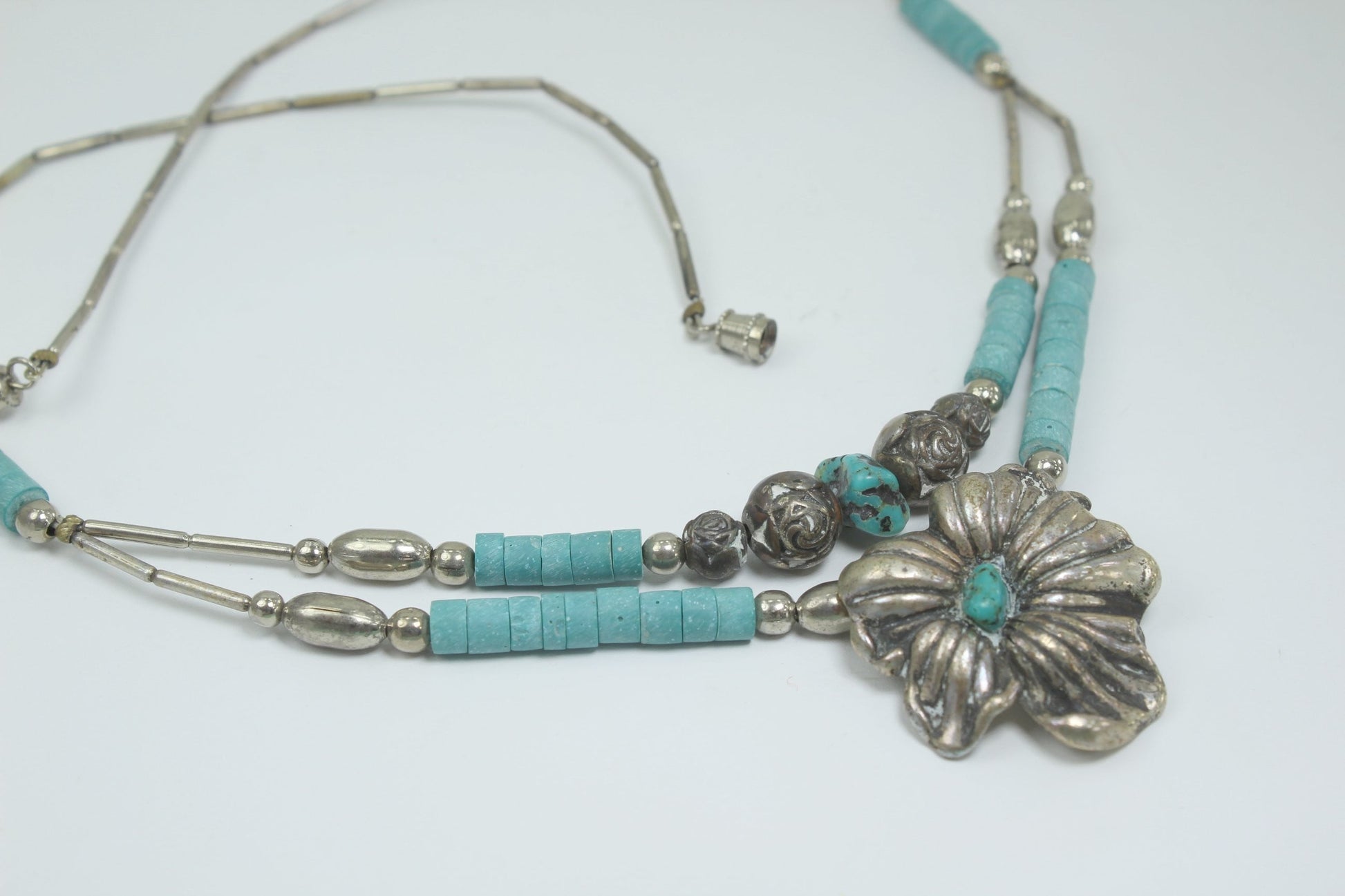 Southwest Necklace Turquoise Silver Beads Flower Focal 2 Strand roses