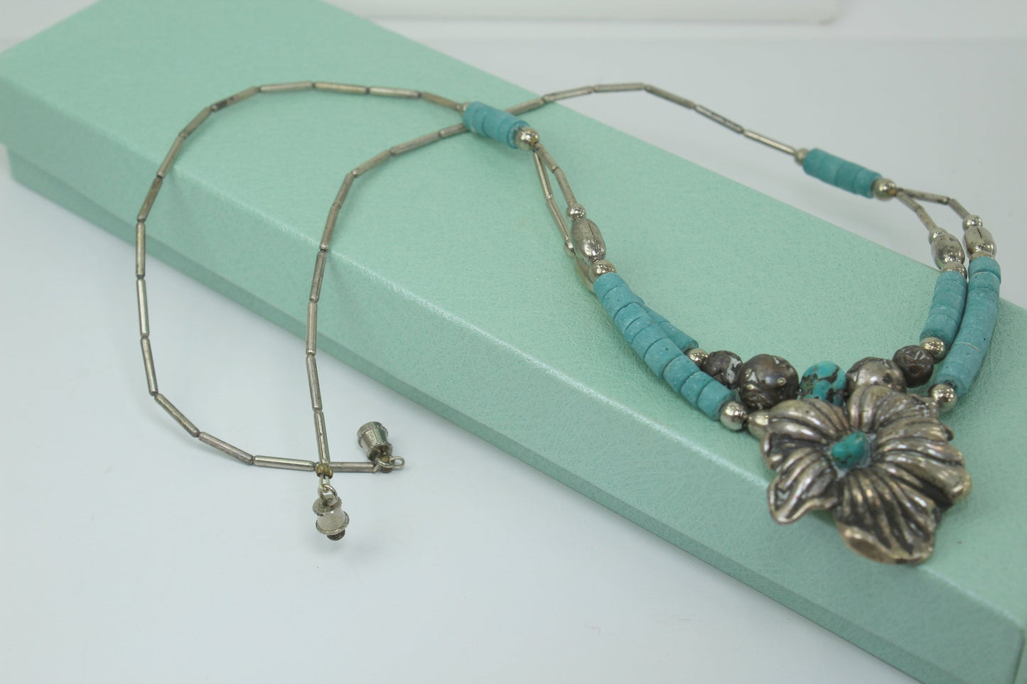 Southwest Necklace Turquoise Silver Beads Flower Focal 2 Strand unusual