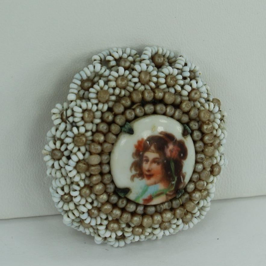 Woman Porcelain Pin Brooch Vintage Antique Glass Seed Bead Pearl Frame rare