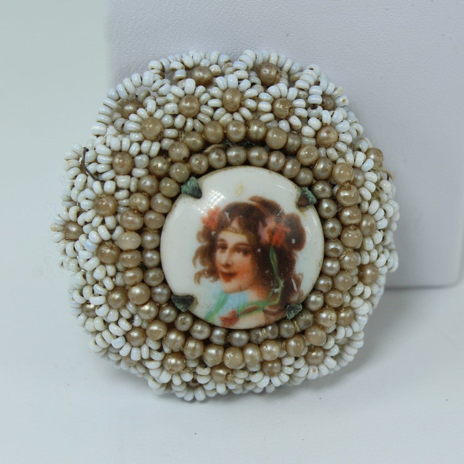 Woman Porcelain Pin Brooch Vintage Antique Glass Seed Bead Pearl Frame