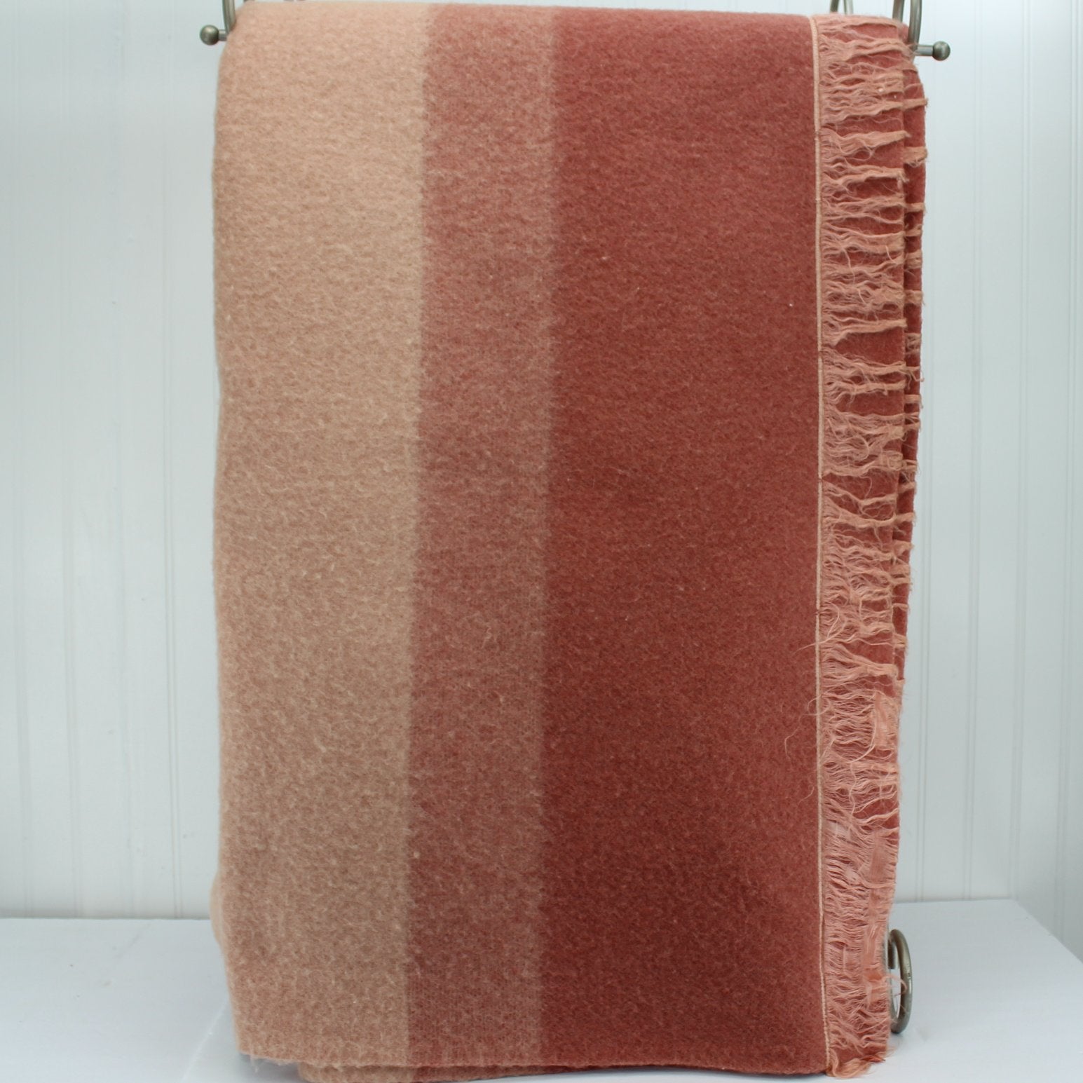 St Marys Ohio Wool Blanket Ombre Pink Rose Fray Binding Special 73" X 82" bands of color view