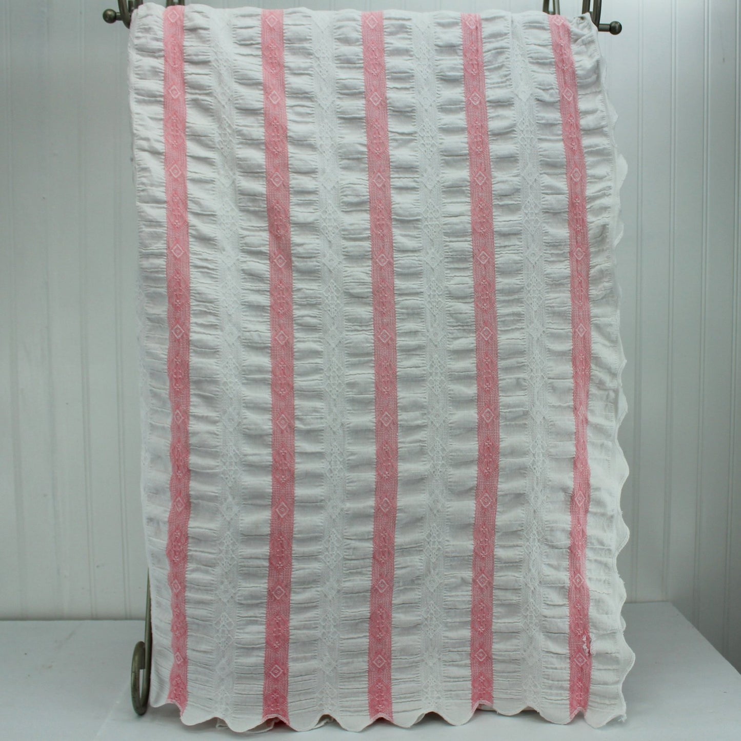 Unusual Ruched Cotton Coverlet Bedspread White Pink Woven Stripe Scalloped Use DIY 1/2 length view 
