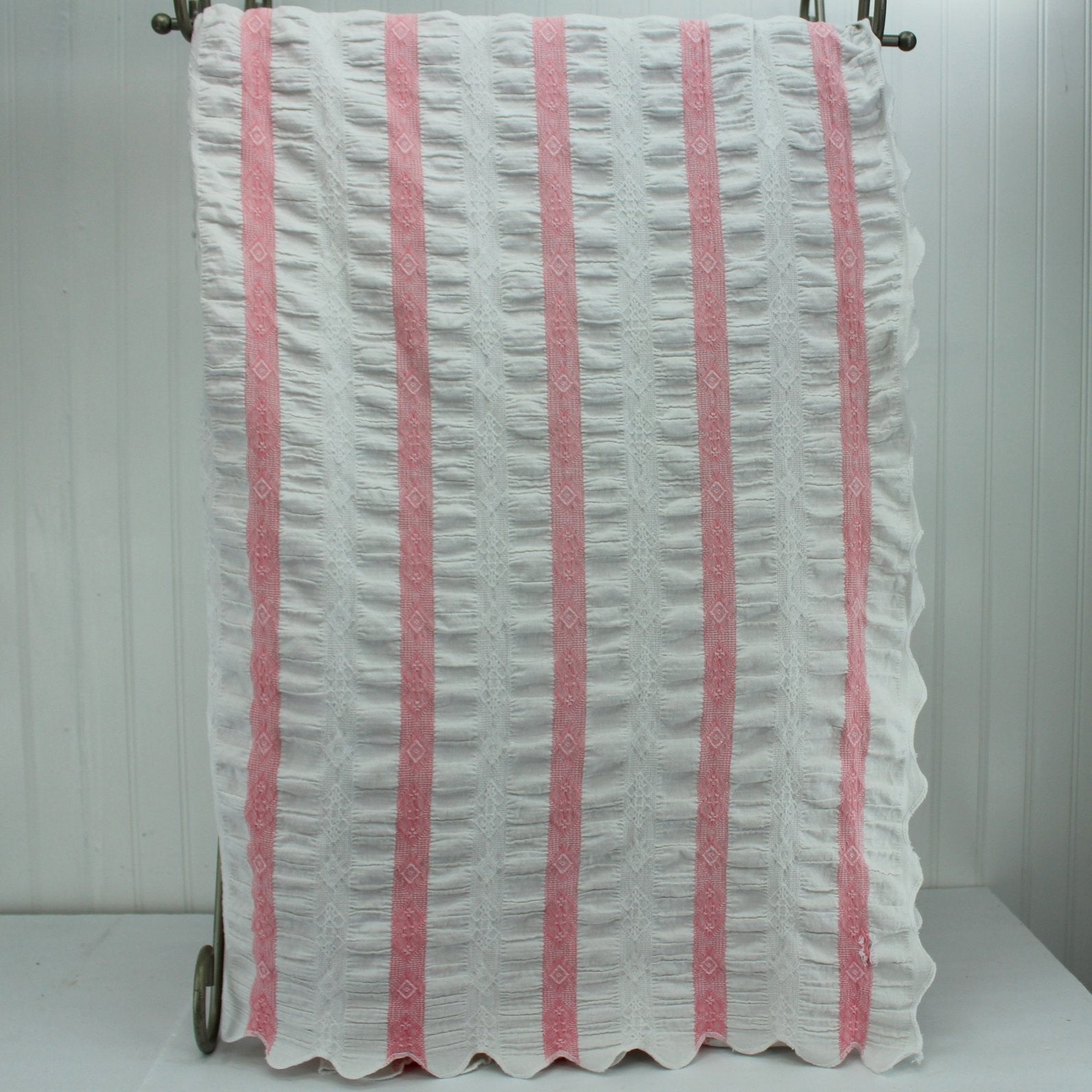 Unusual Ruched Cotton Coverlet Bedspread White Pink Woven Stripe Scalloped Use DIY 1/2 length view 