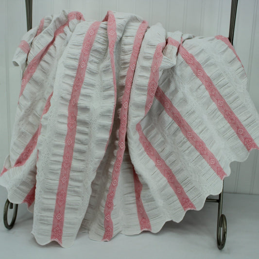 Unusual Ruched Cotton Coverlet Bedspread White Pink Woven Stripe Scalloped Use DIY