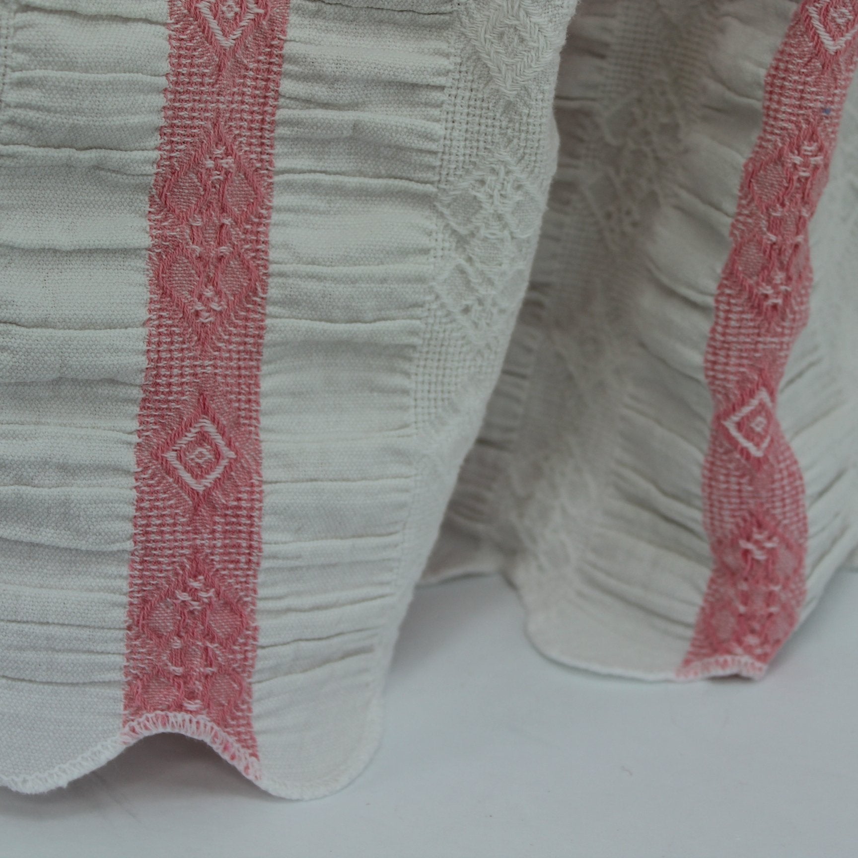 Unusual Ruched Cotton Coverlet Bedspread White Pink Woven Stripe Scalloped Use DIY closeup of scalloped hem