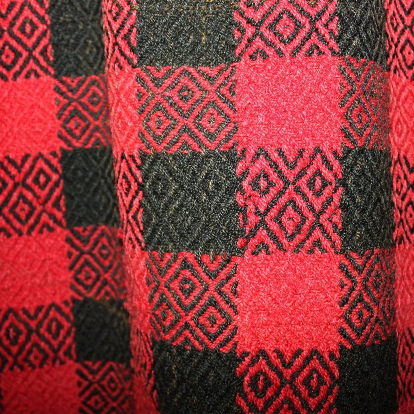 Antique Wool Woven Coverlet Blanket 1800s Red Black Intricate Checkerboard Geometric 66" X 92" rare design