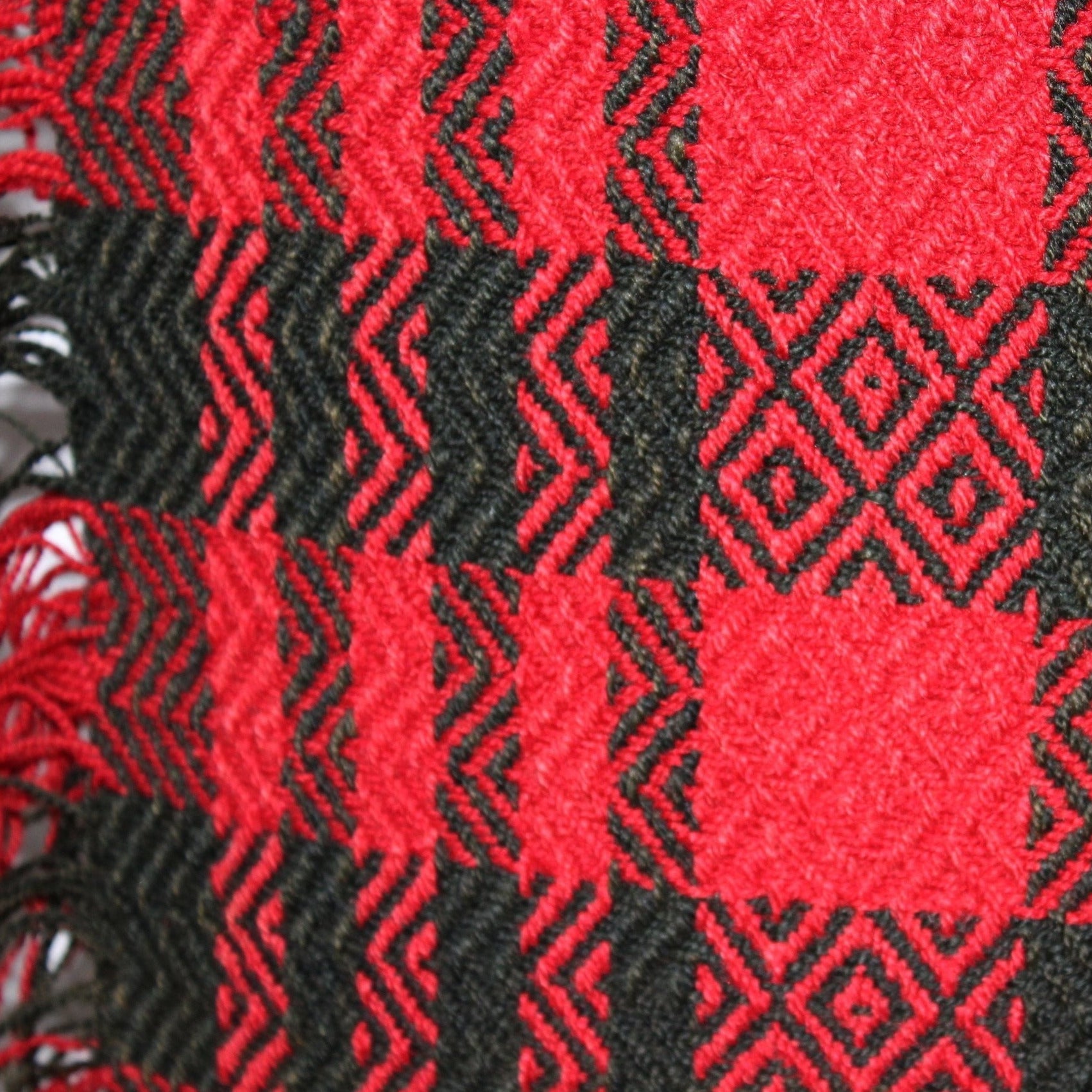 Antique Wool Woven Coverlet Blanket 1800s Red Black Intricate Checkerboard Geometric 66" X 92" unusual