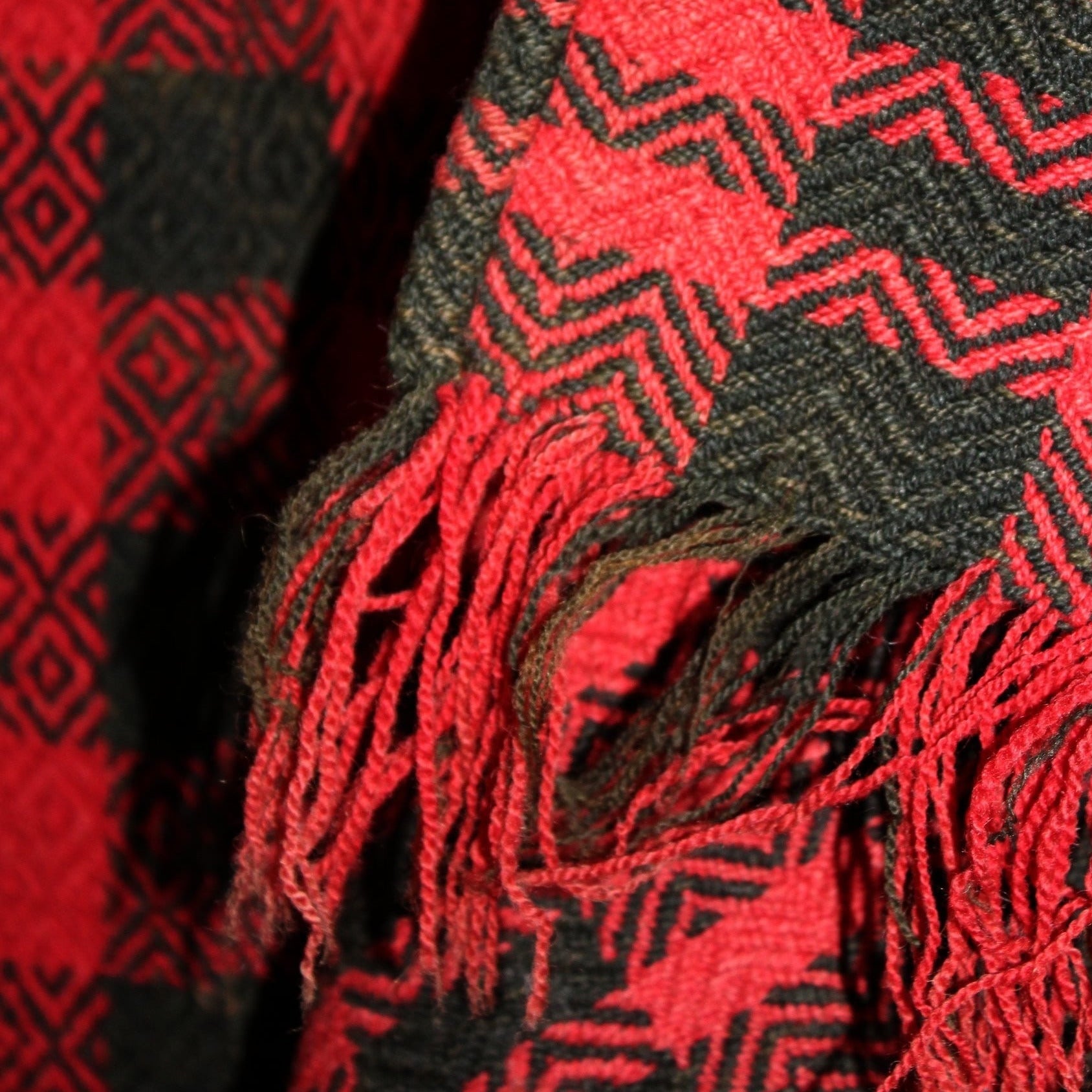Antique Wool Woven Coverlet Blanket 1800s Red Black Intricate Checkerboard Geometric 66" X 92" rare red