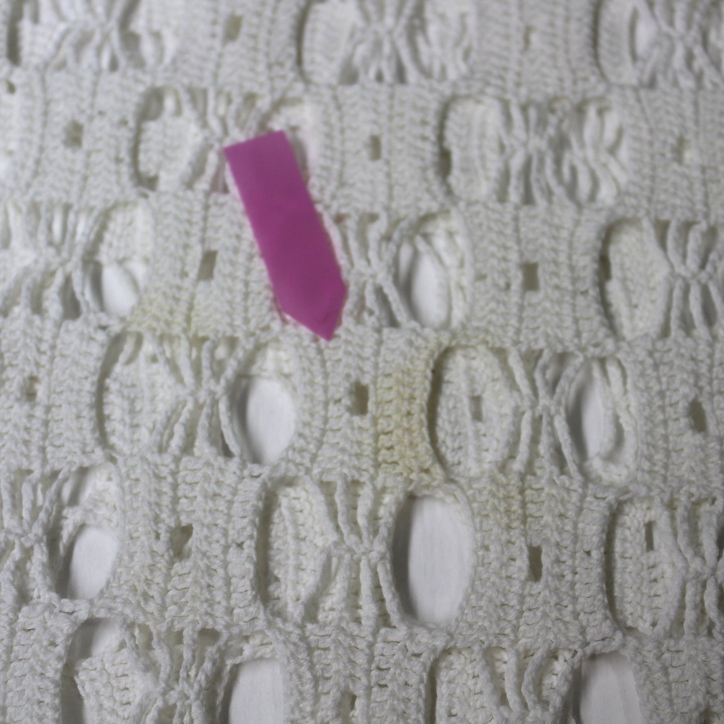 Crochet White Table Cloth Hand Made 75" X 90" closeup of stain area