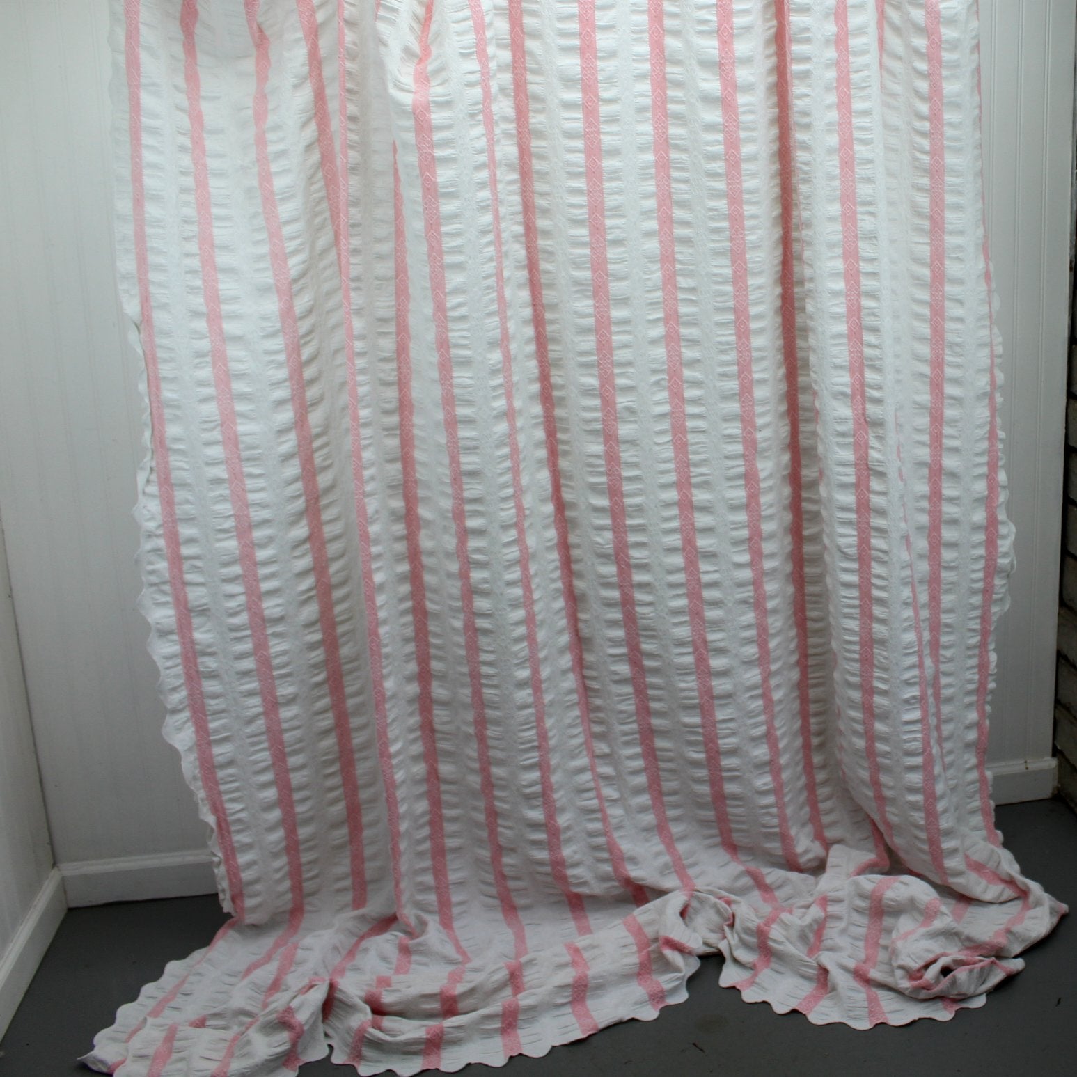 Unusual Ruched Cotton Coverlet Bedspread White Pink Woven Stripe Scalloped Use DIY full view of coverlet