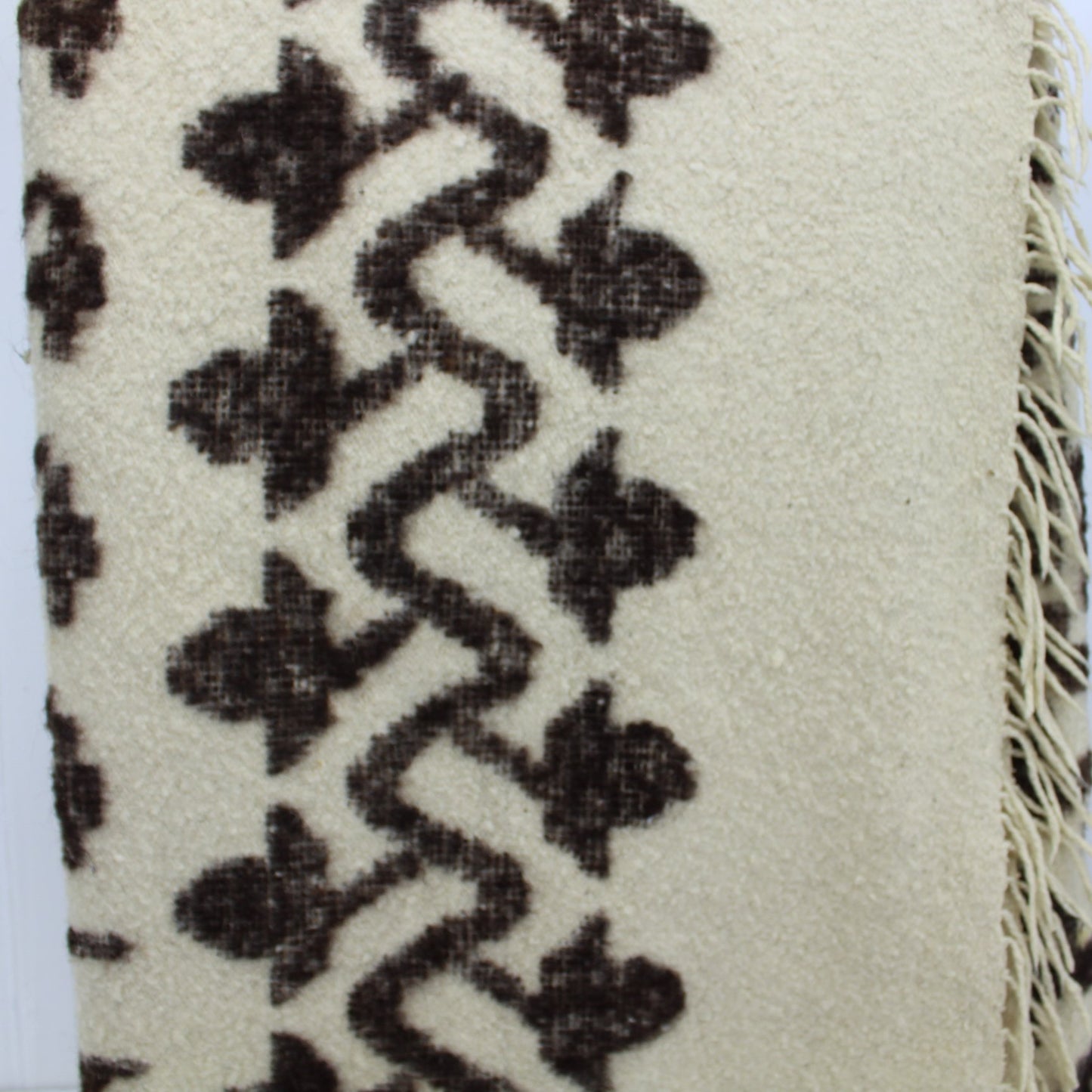 Older Wool Alpaca Peru Travel Rug Heavy Blanket Ivory Brown - 84" X 62" fringed edge