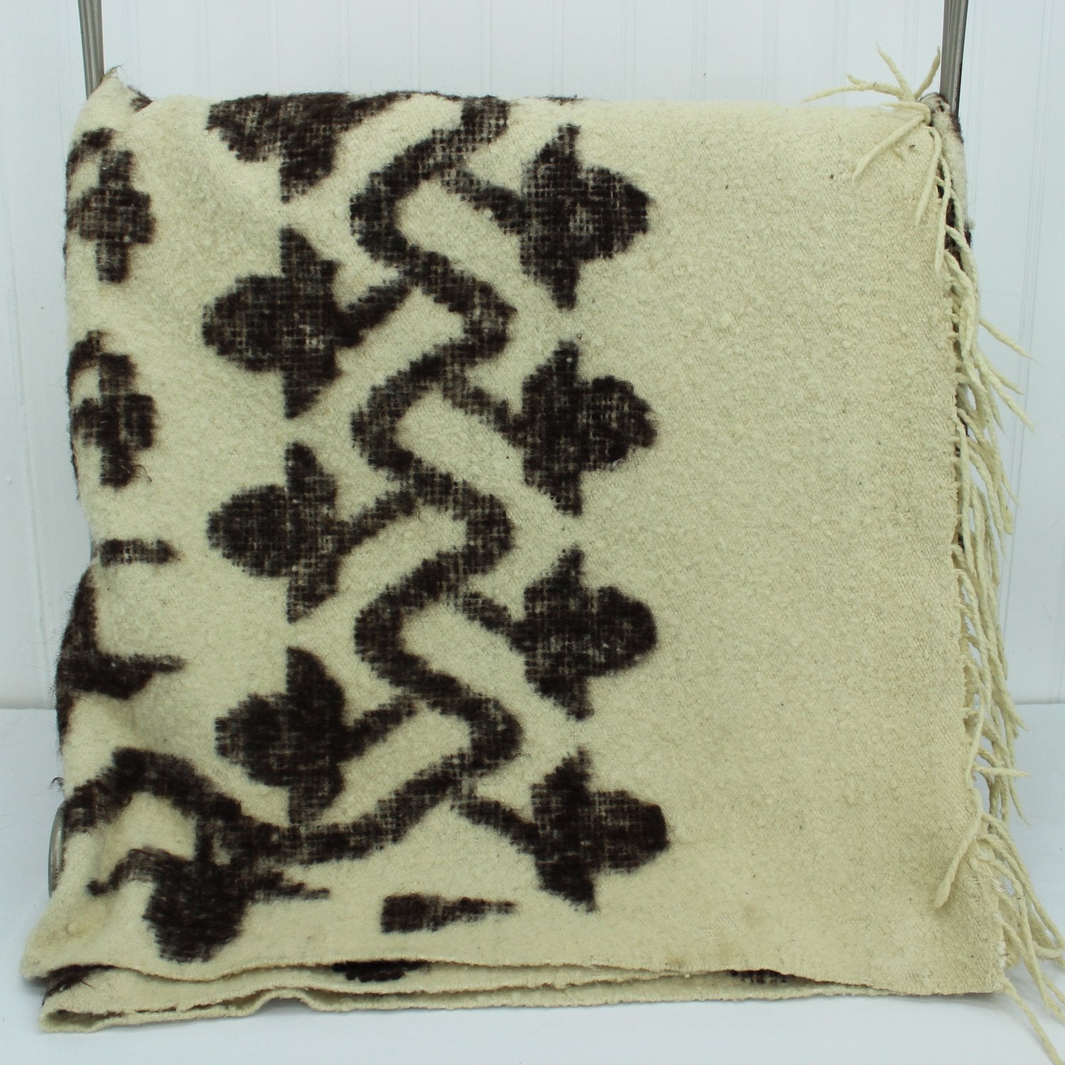 Older Wool Alpaca Peru Travel Rug Heavy Blanket Ivory Brown - 84" X 62" 1/4 fold view