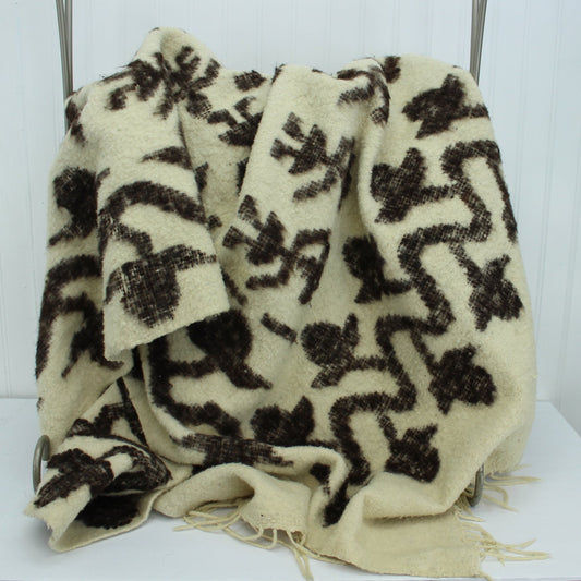 Older Wool Alpaca Peru Travel Rug Heavy Blanket Ivory Brown - 84" X 62"