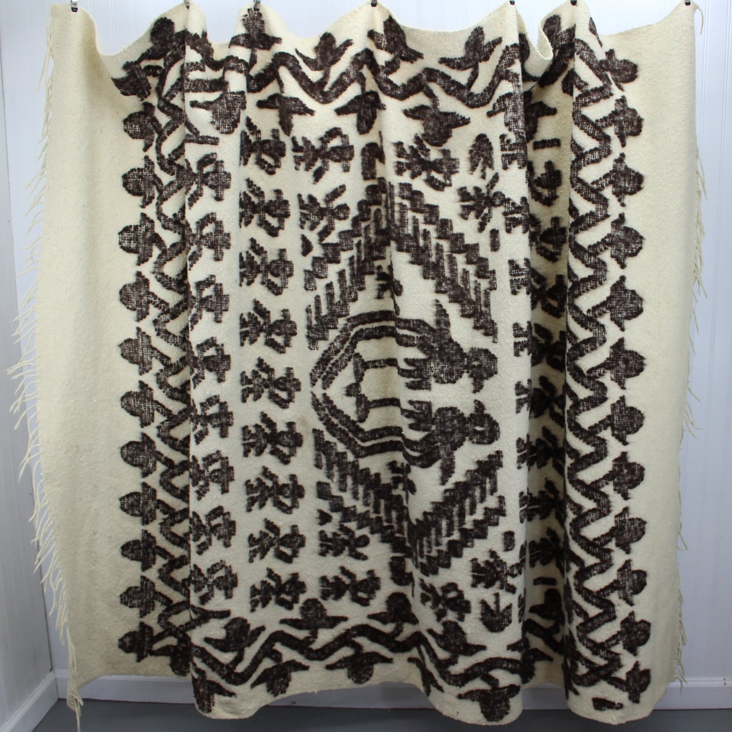 Older Wool Alpaca Peru Travel Rug Heavy Blanket Ivory Brown - 84" X 62" full view blanket rug