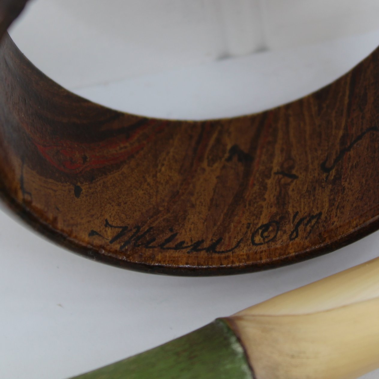 Wide Wood Bangle Bracelet T Kiless Artisan 1987 signature date of artisan