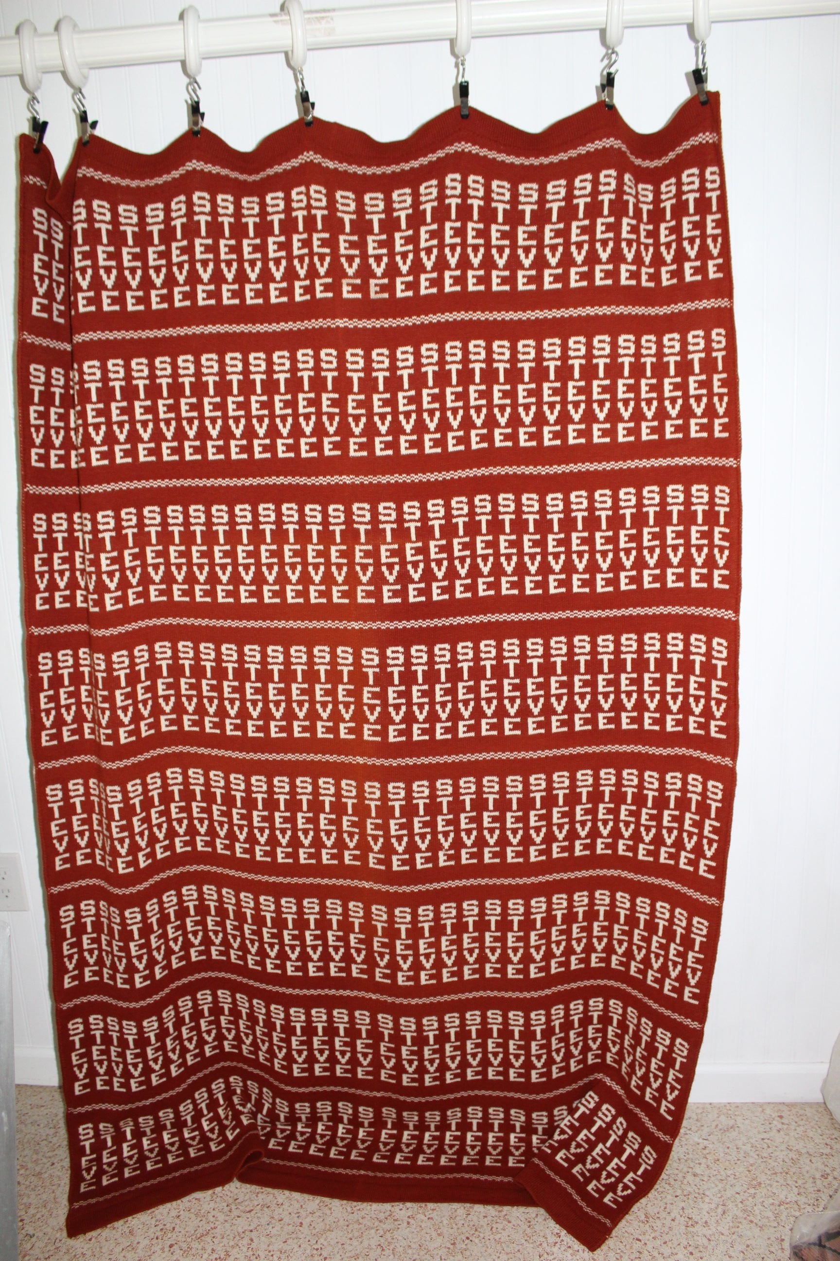 Acrylic Throw Blanket "STEVE" All Over Hand Knit Dated 1982 Reversible collectible 54" X 70"
