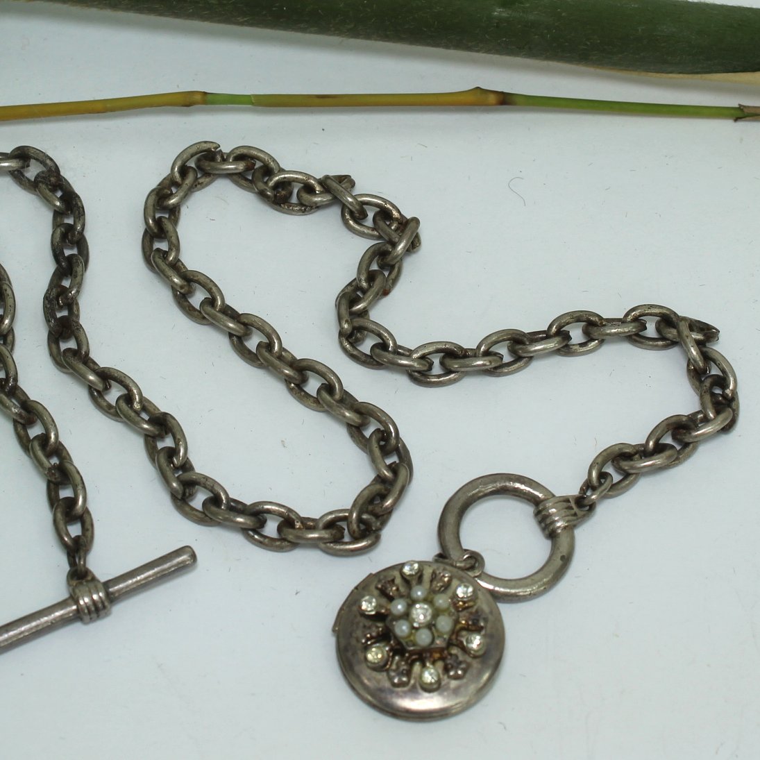 Victorian Watch Fob Locket Silver Metal RS Faux Pearls closeup of item
