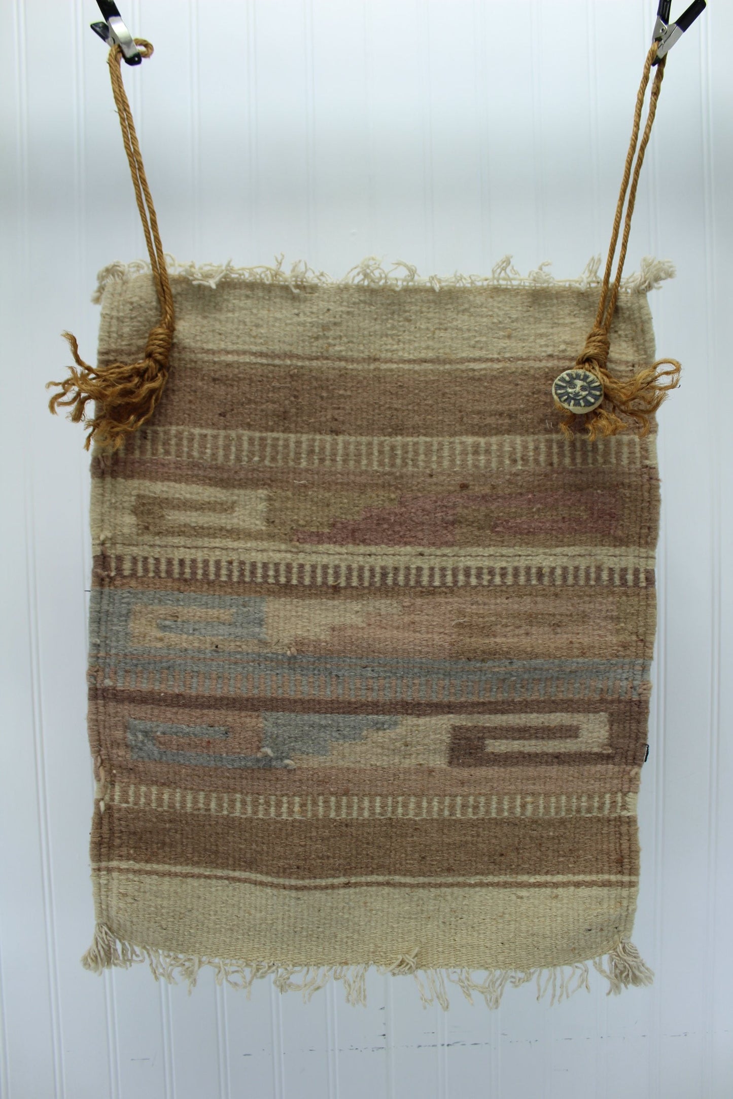 Heavy Wool Woven Wall Hanging from Estate Sun Ceramic Bead