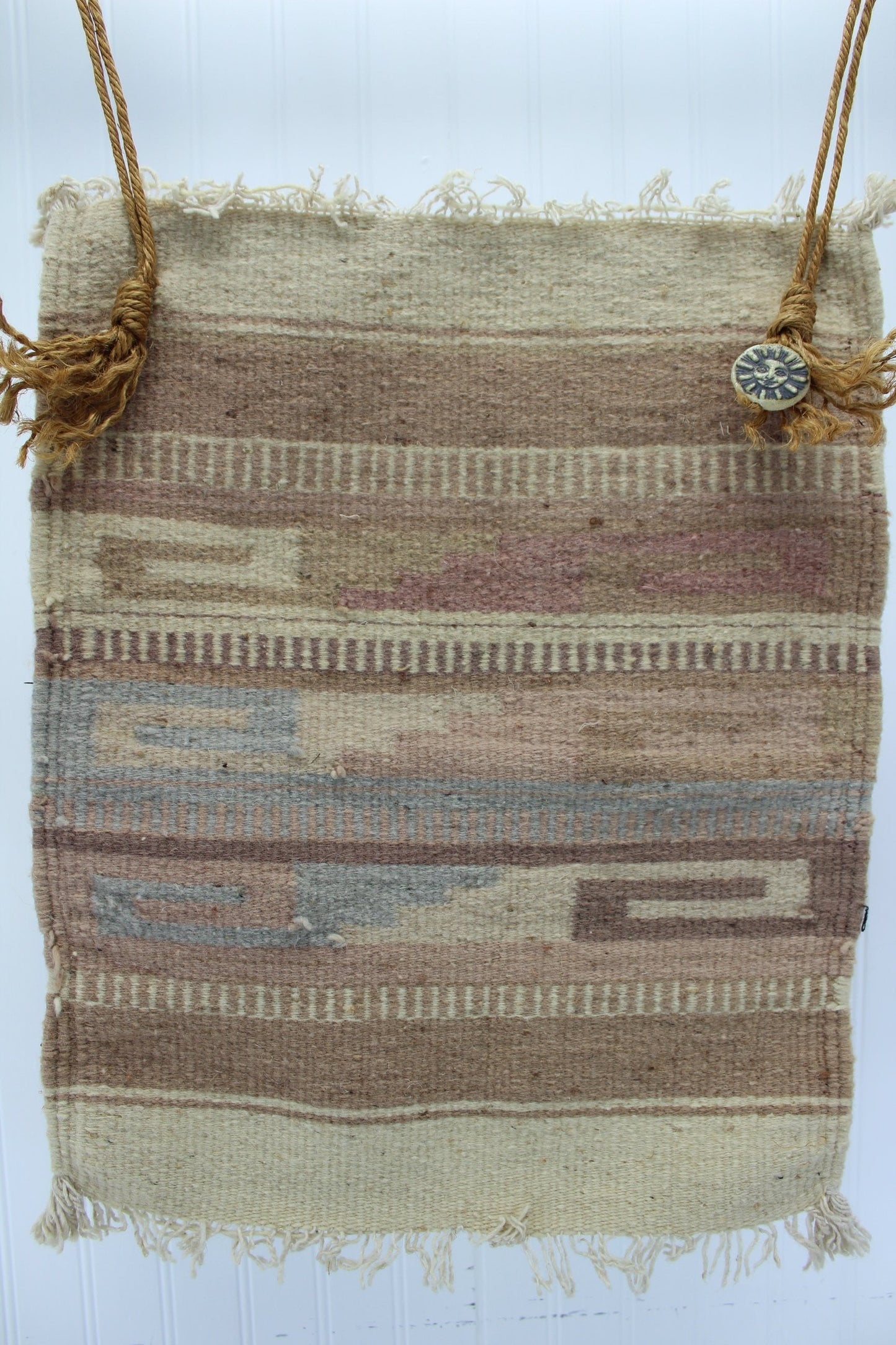 Heavy Wool Woven Wall Hanging from Estate Sun Ceramic Bead natural