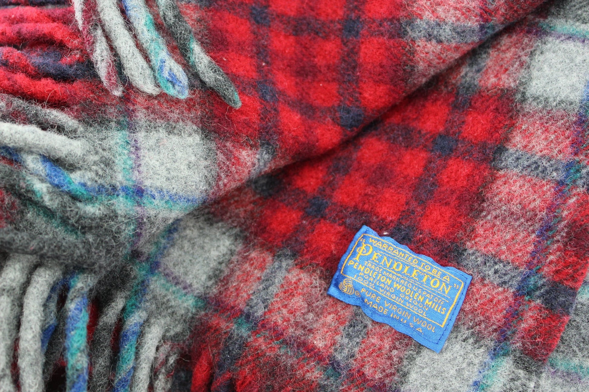 Pendleton Fringed Wool Throw Vintage Red Grey Blue Plaid Special Price unusual