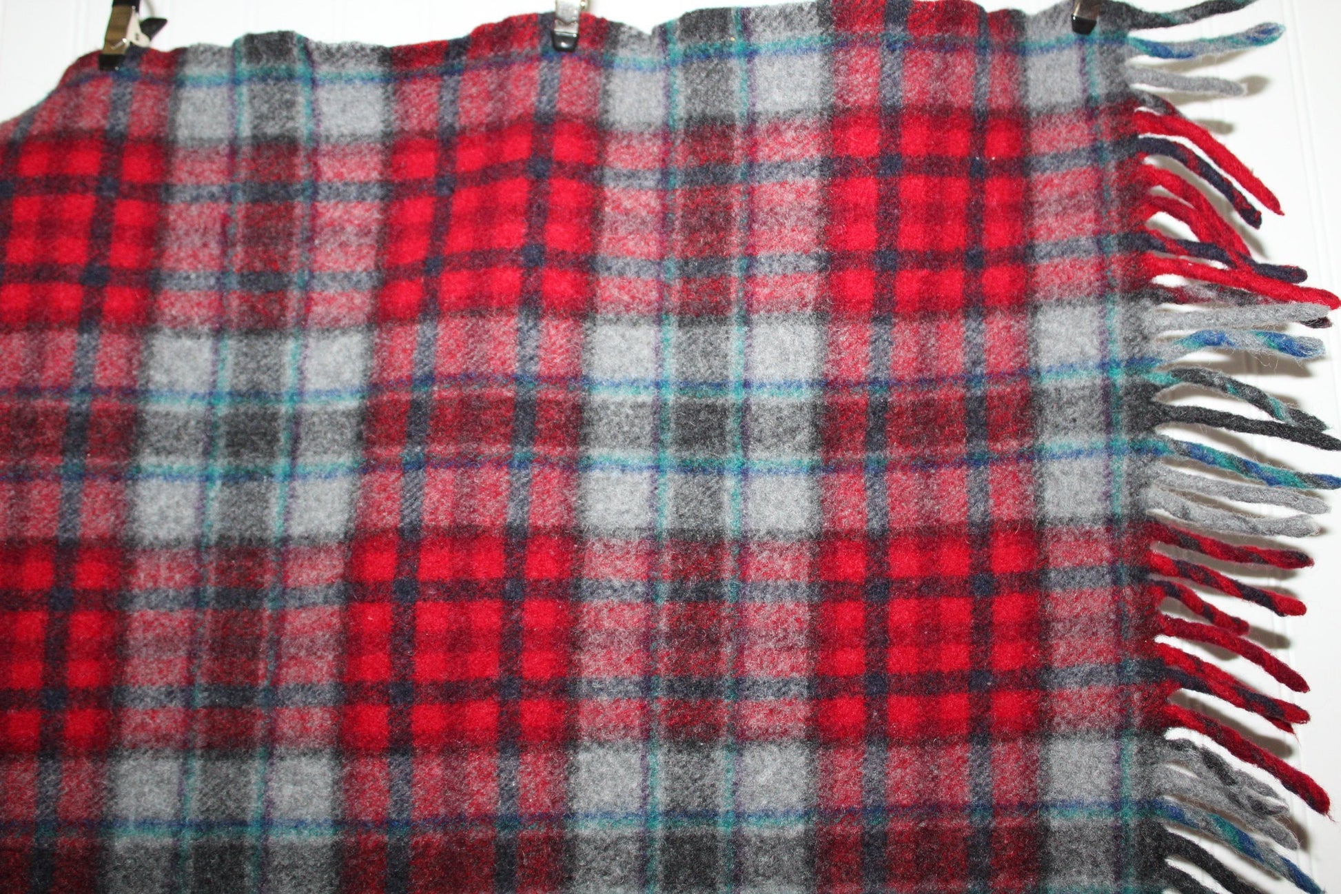 Pendleton Fringed Wool Throw Vintage Red Grey Blue Plaid Special Price diy fabric