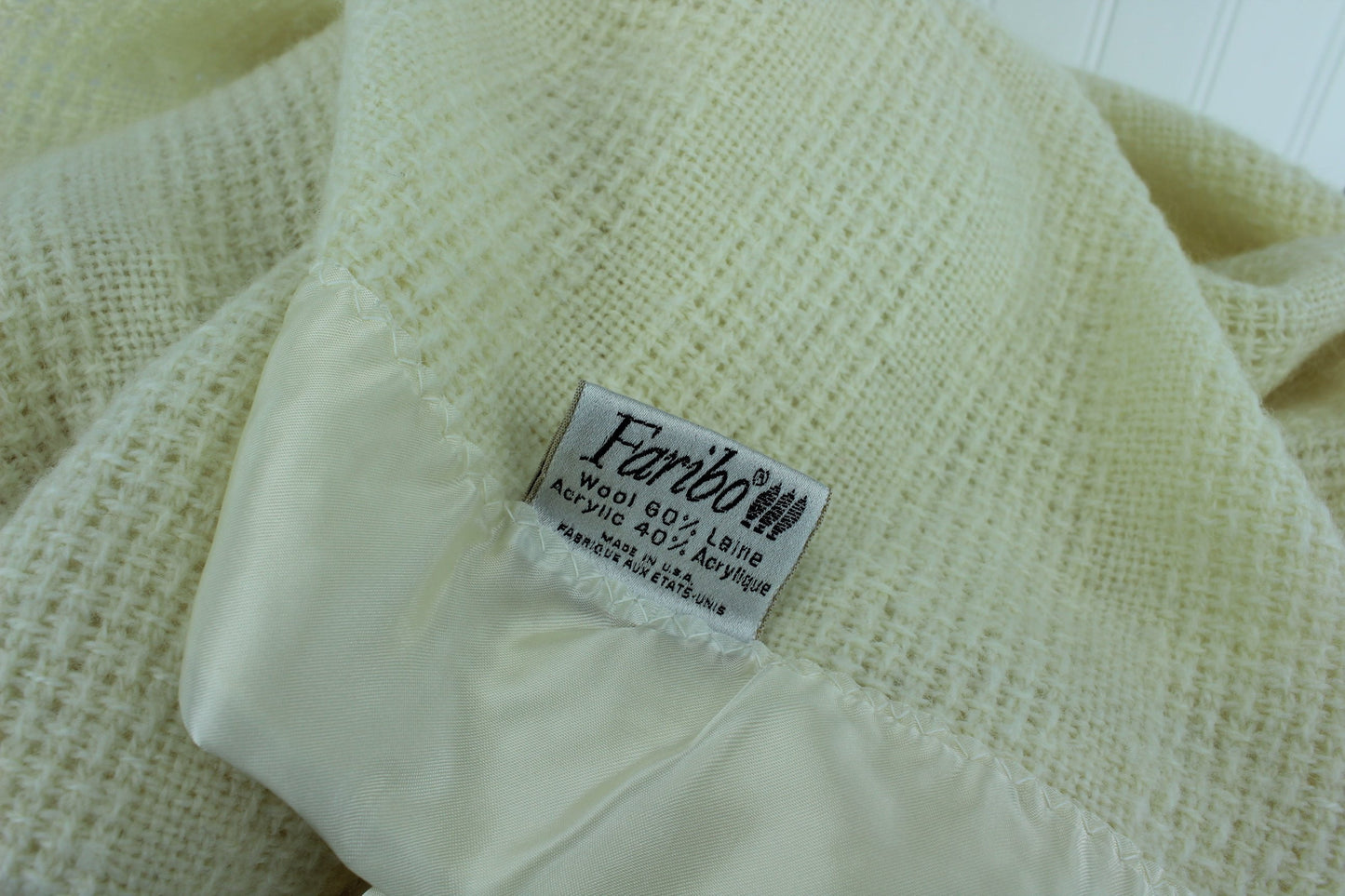 Faribo Ivory Washable Wool Acrylic Blend Blanket Basketweave Made USA Faribault MN original label faribault mills minnesota