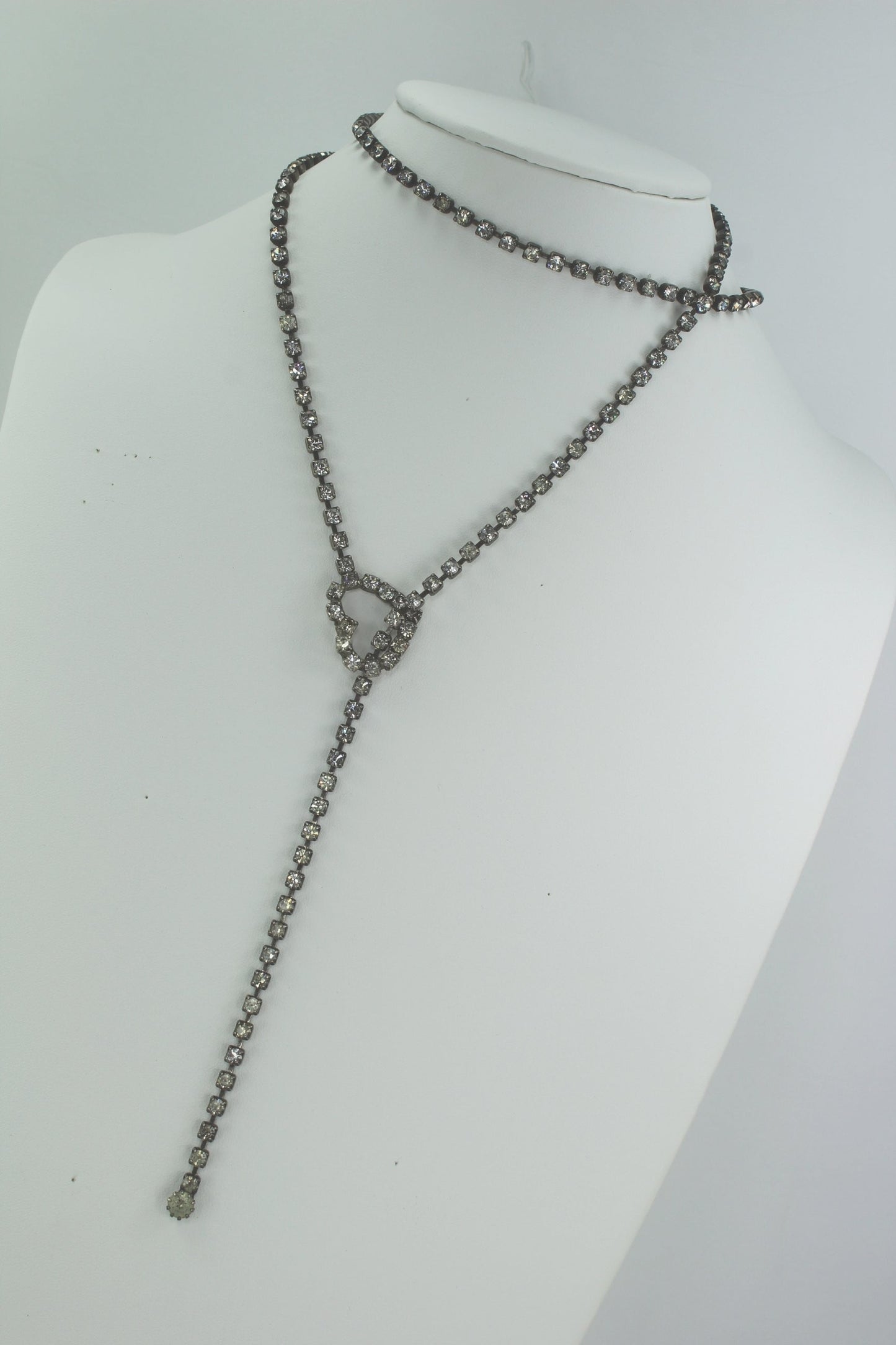 Vintage Rhinestone Belt Heart 38" Chain Wrap Necklace mid century