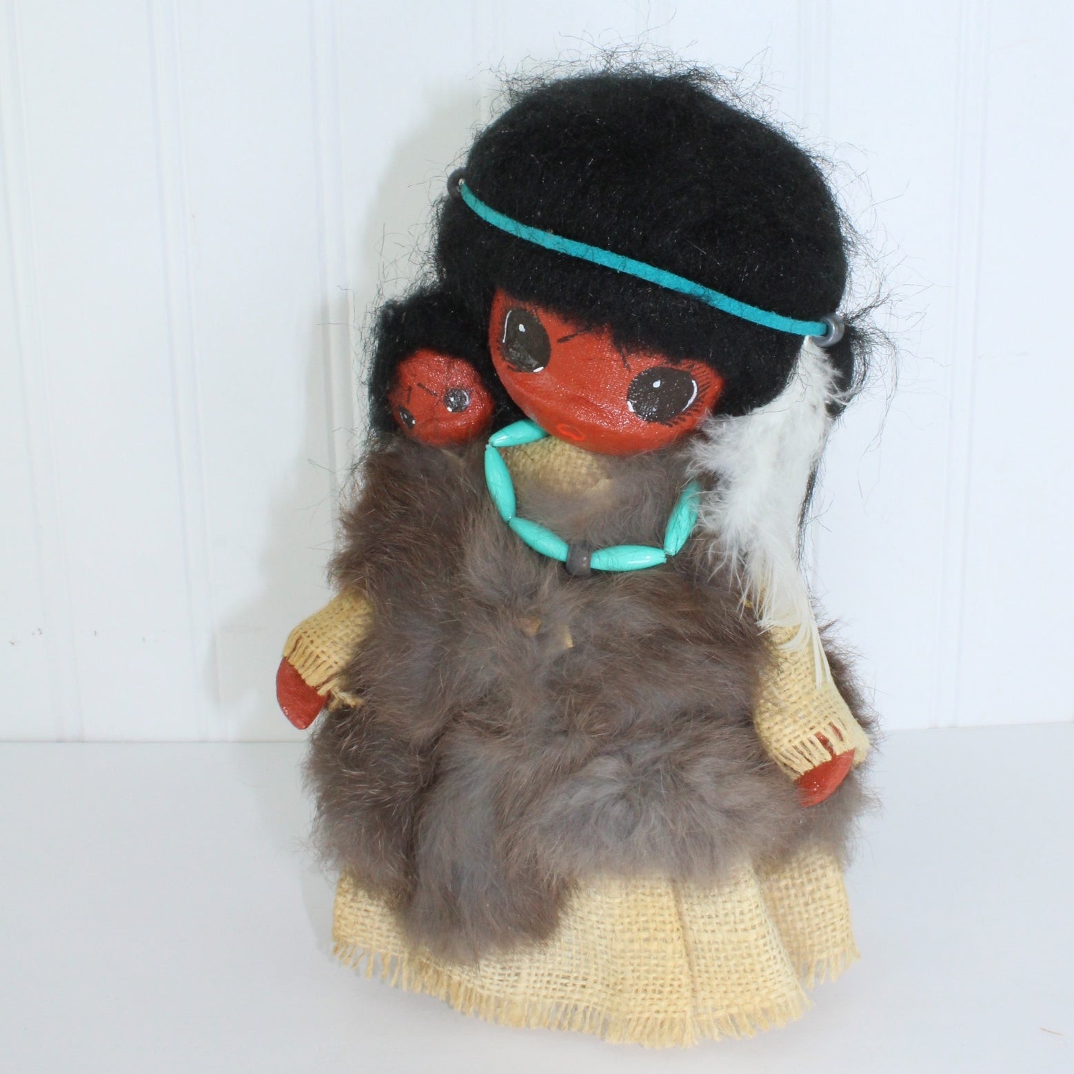 Vintage Lil Luv Native American Doll with Baby 10" Painted Faces Fur Feathers Beads