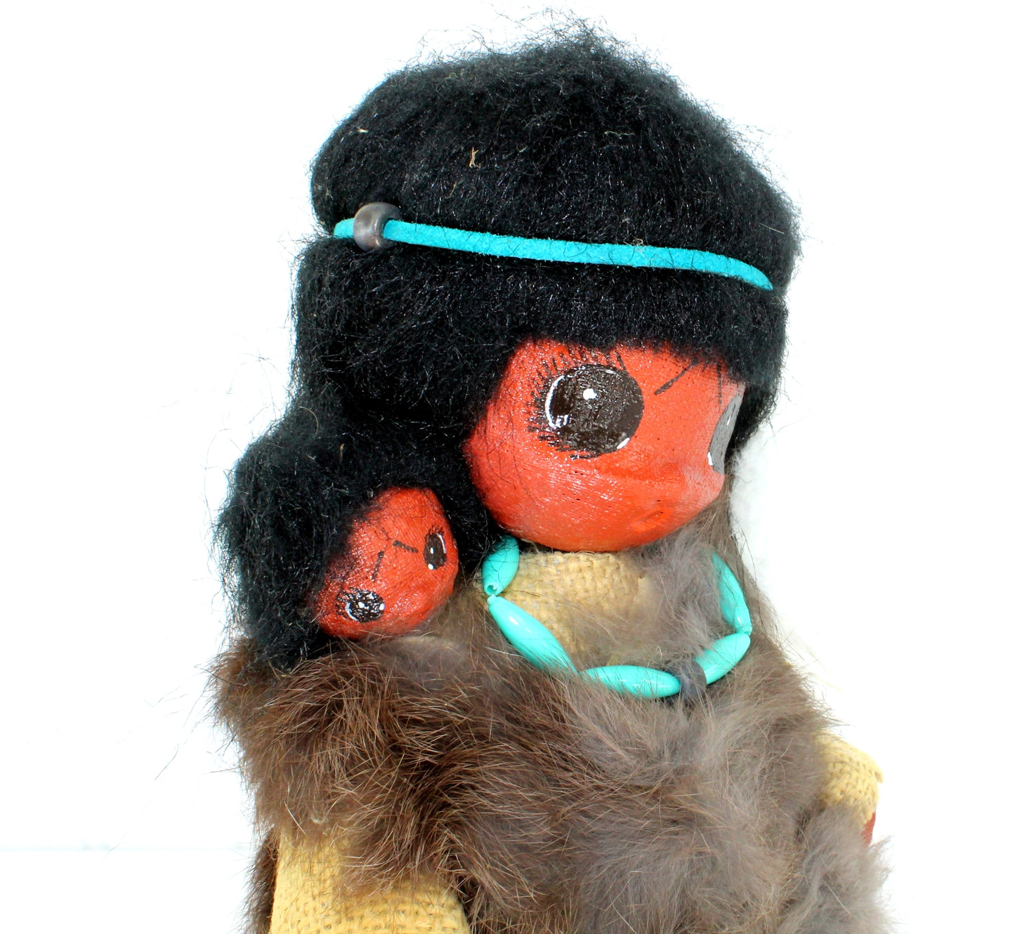 Vintage Lil Luv Native American Doll with Baby 10" Painted Faces Fur Feathers Beads beautiful painted faces