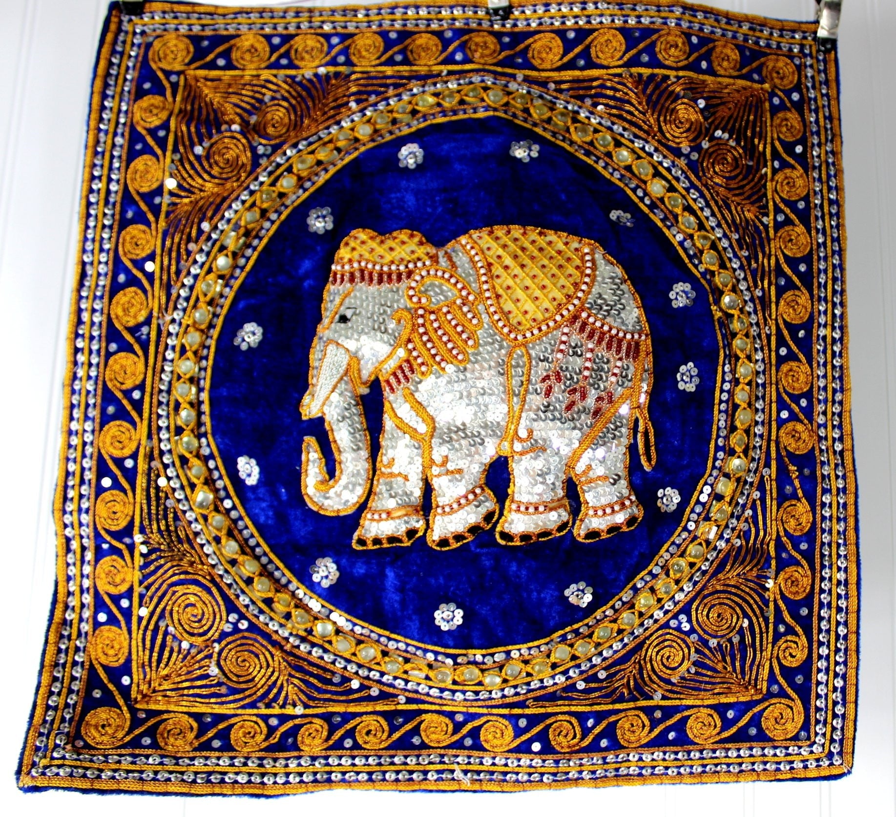 Hand Made Pillow Cover Malaysia Elephant Blue Velvet Gold Embroidery 16 1/2"