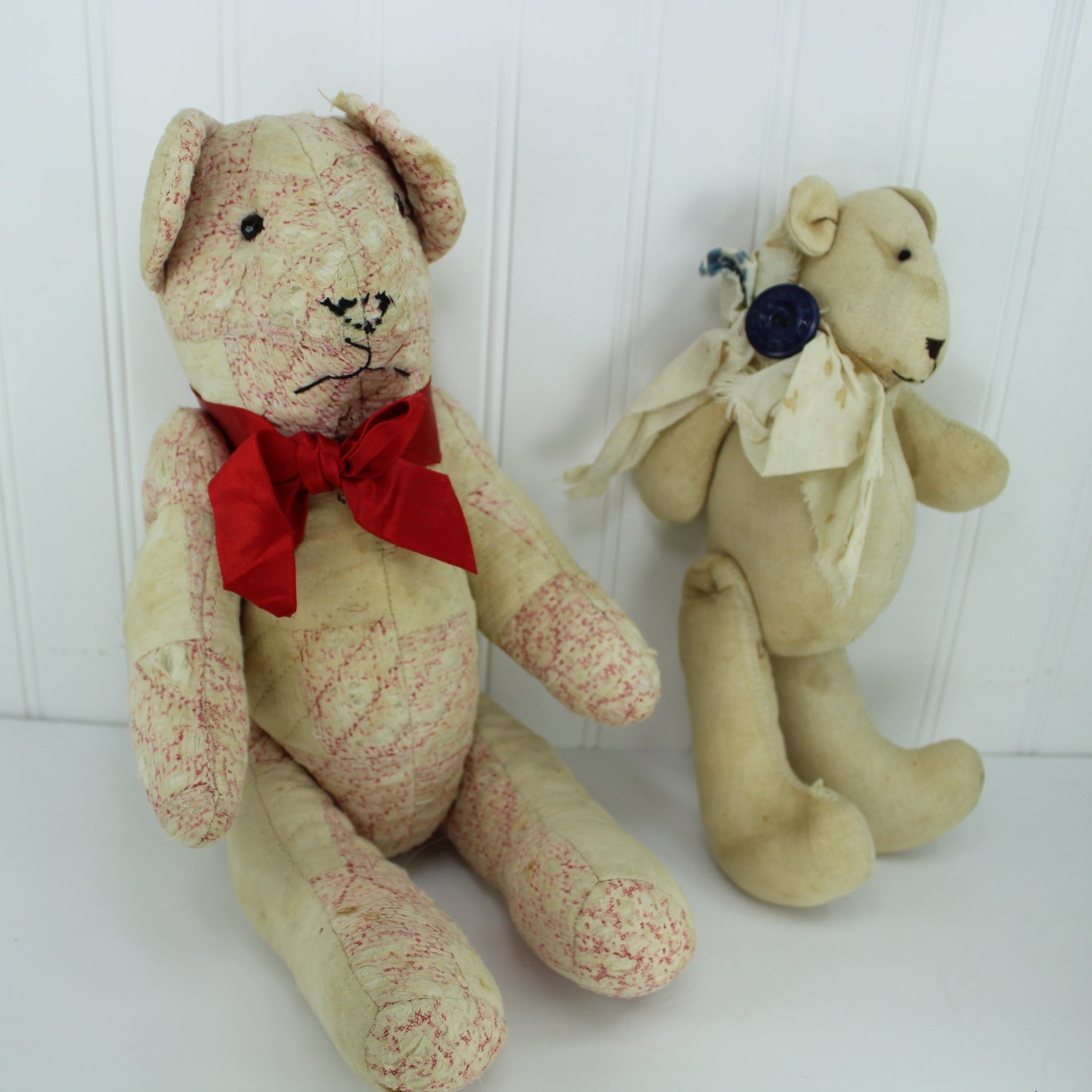 Vintage Hand Crafted Primitive Teddy Bears Old Quilted & Heavy Cotton Both Artisan Marked