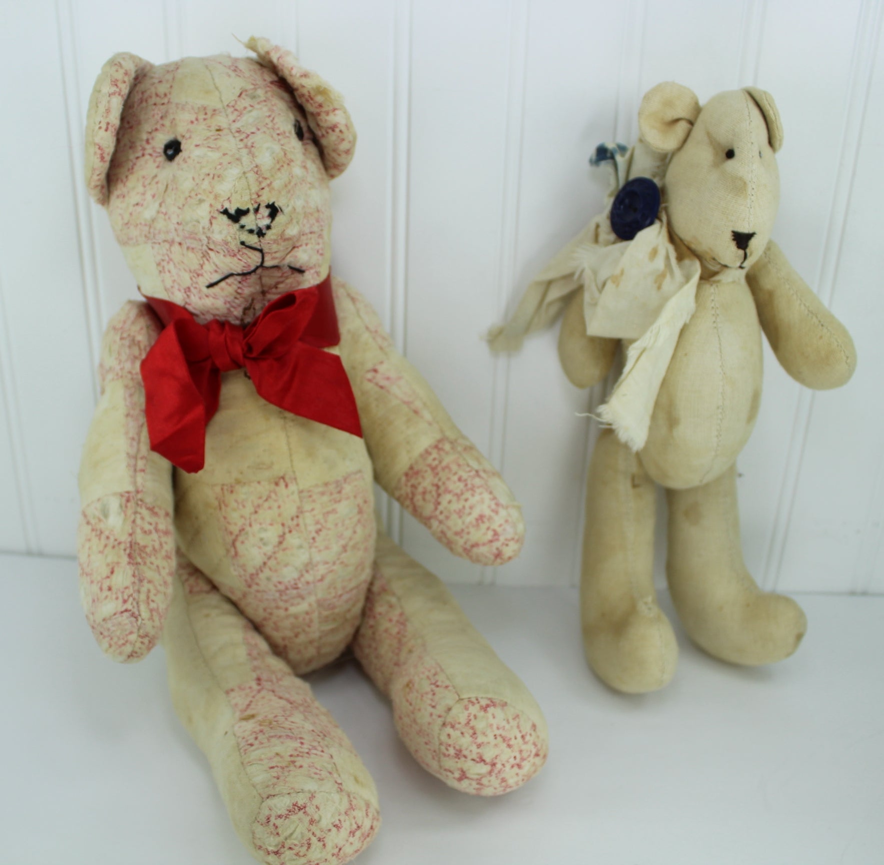 Vintage Hand Crafted Primitive Teddy Bears Old Quilted & Heavy Cotton Both Artisan Marked cotton fabric homemade bears