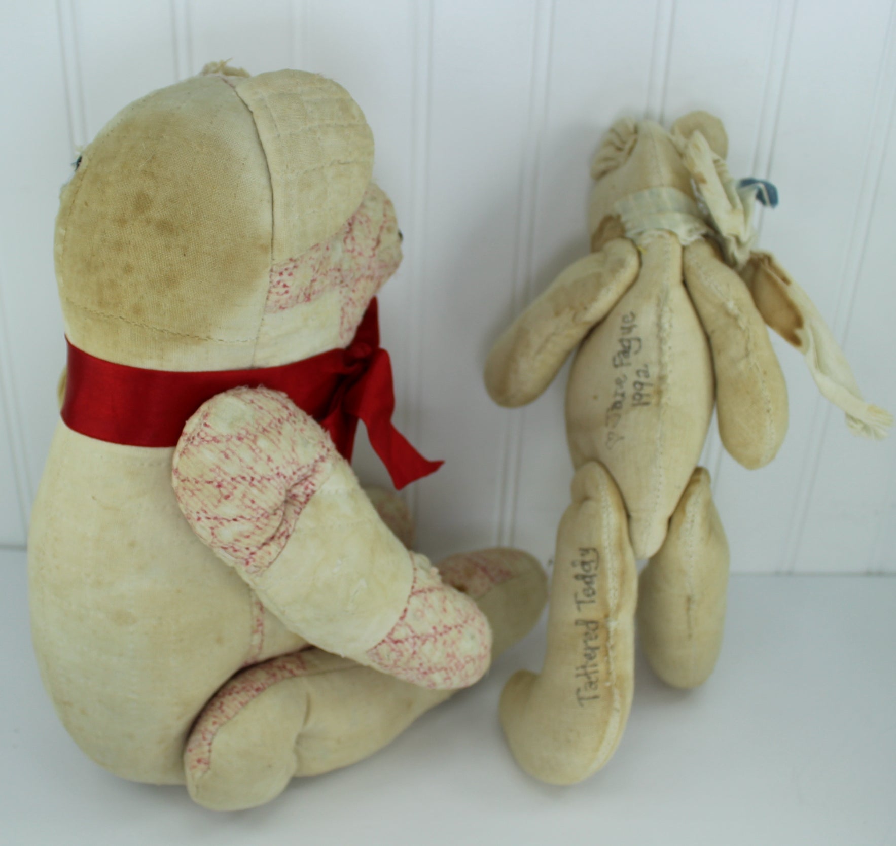 Vintage Hand Crafted Primitive Teddy Bears Old Quilted & Heavy Cotton Both Artisan Marked have vintage spots character flaws