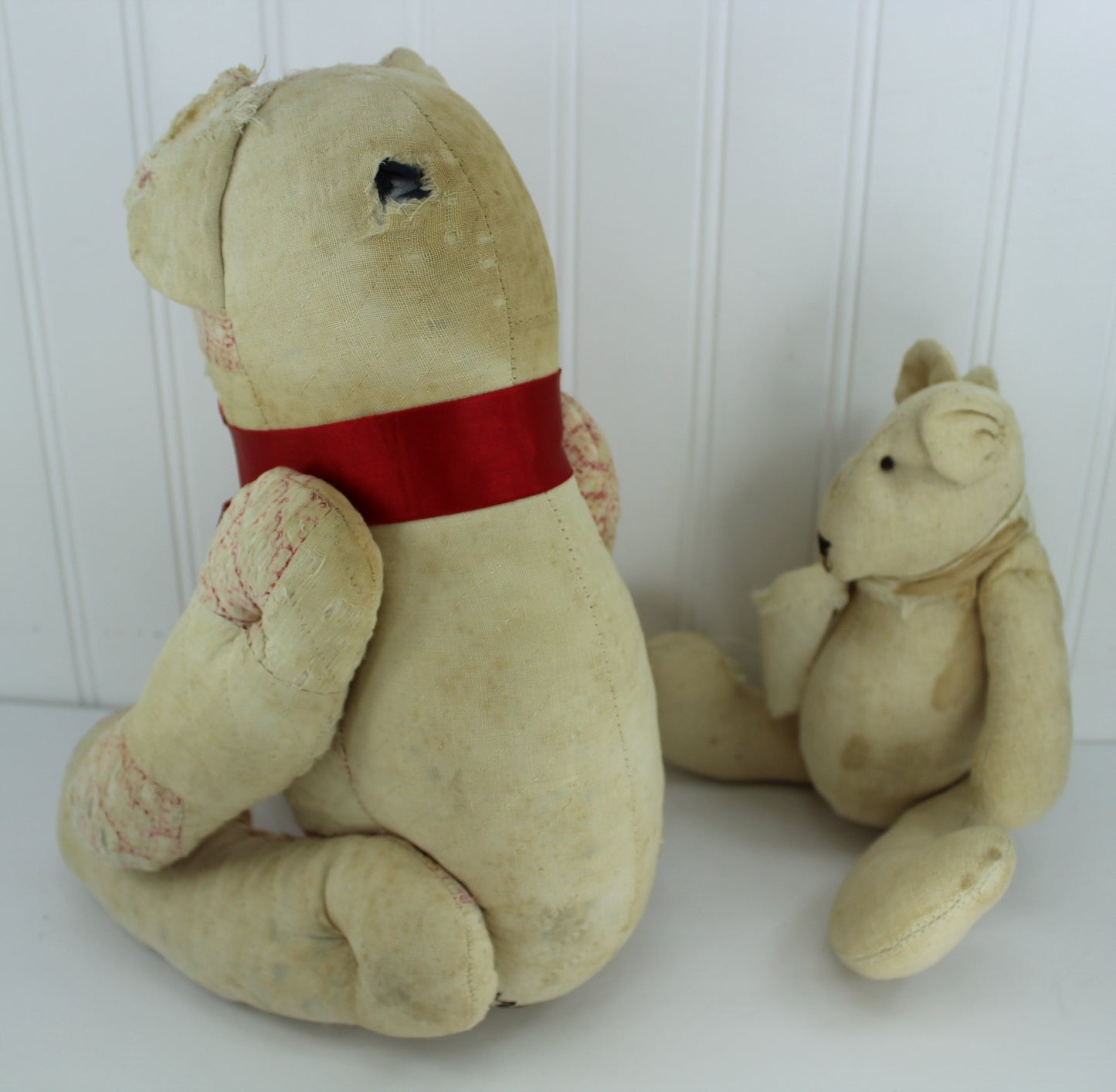 Vintage Hand Crafted Primitive Teddy Bears Old Quilted & Heavy Cotton Both Artisan Marked marked Tattered Teddy
