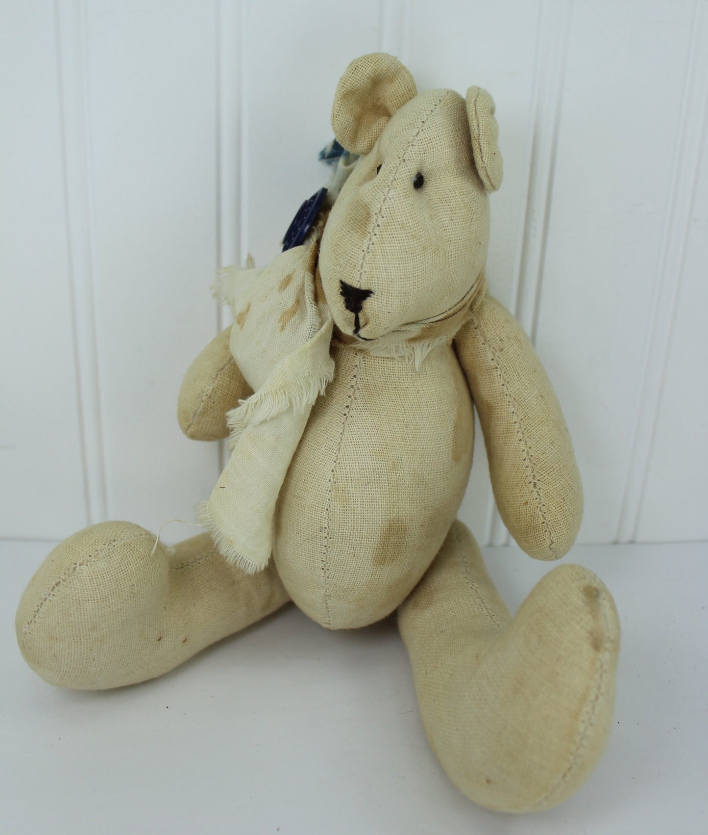 Vintage Hand Crafted Primitive Teddy Bears Old Quilted & Heavy Cotton Both Artisan Marked natural color cloth 
