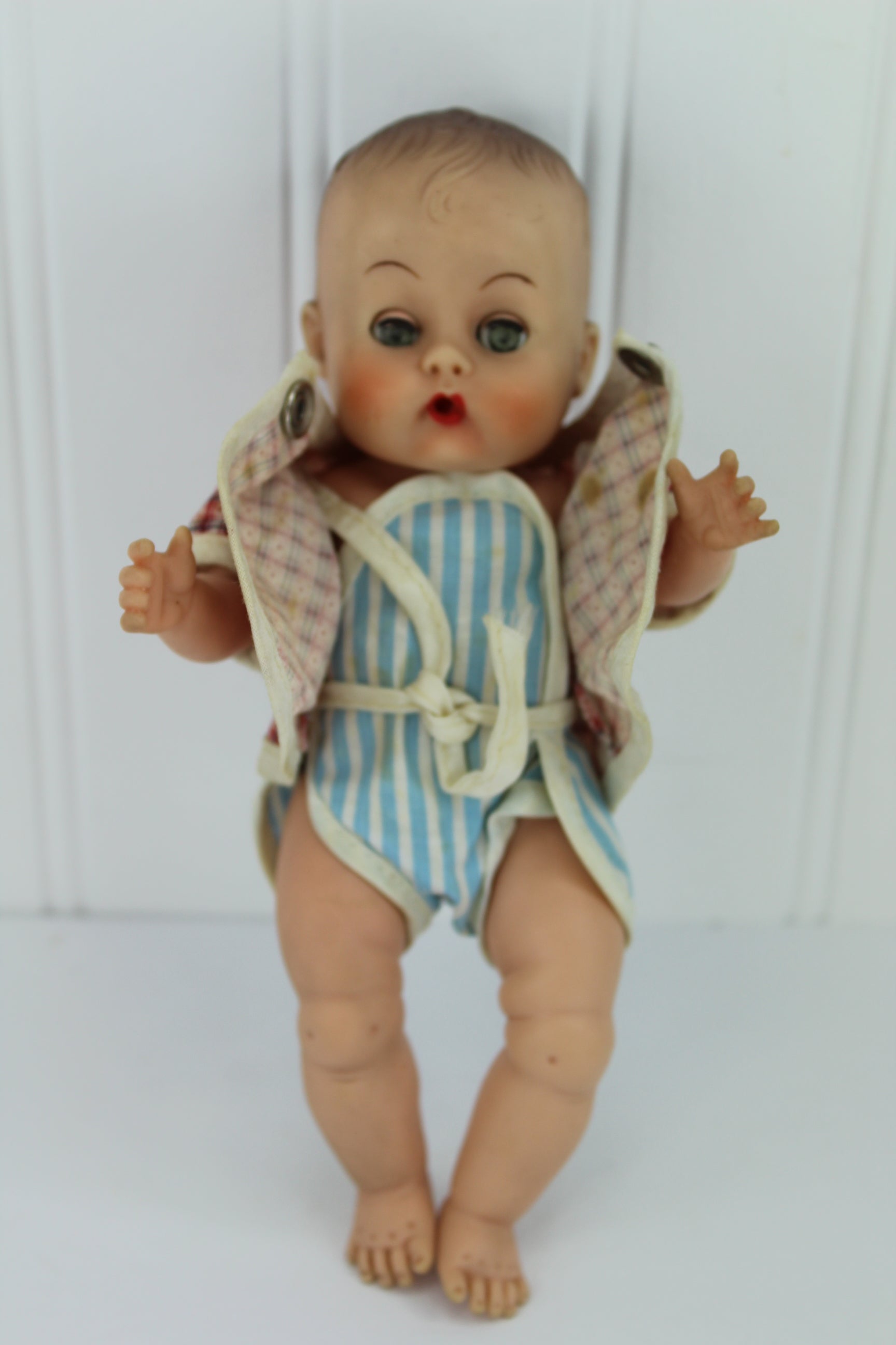 American Character Baby Doll 8" Molded Hair Rooted Lashes Beautiful Face romper and jacket