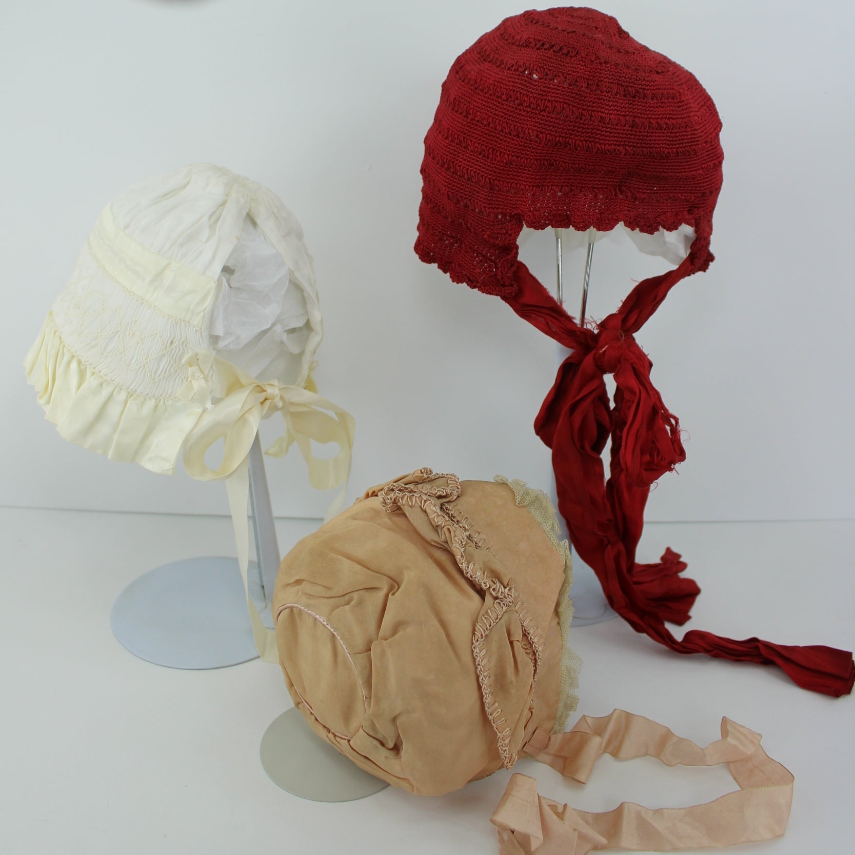 Antique Vintage Victorian 3 Hats Bonnets Large Doll Infant Size Bella Luna Peachy Silk Red Crochet Doll accessories
