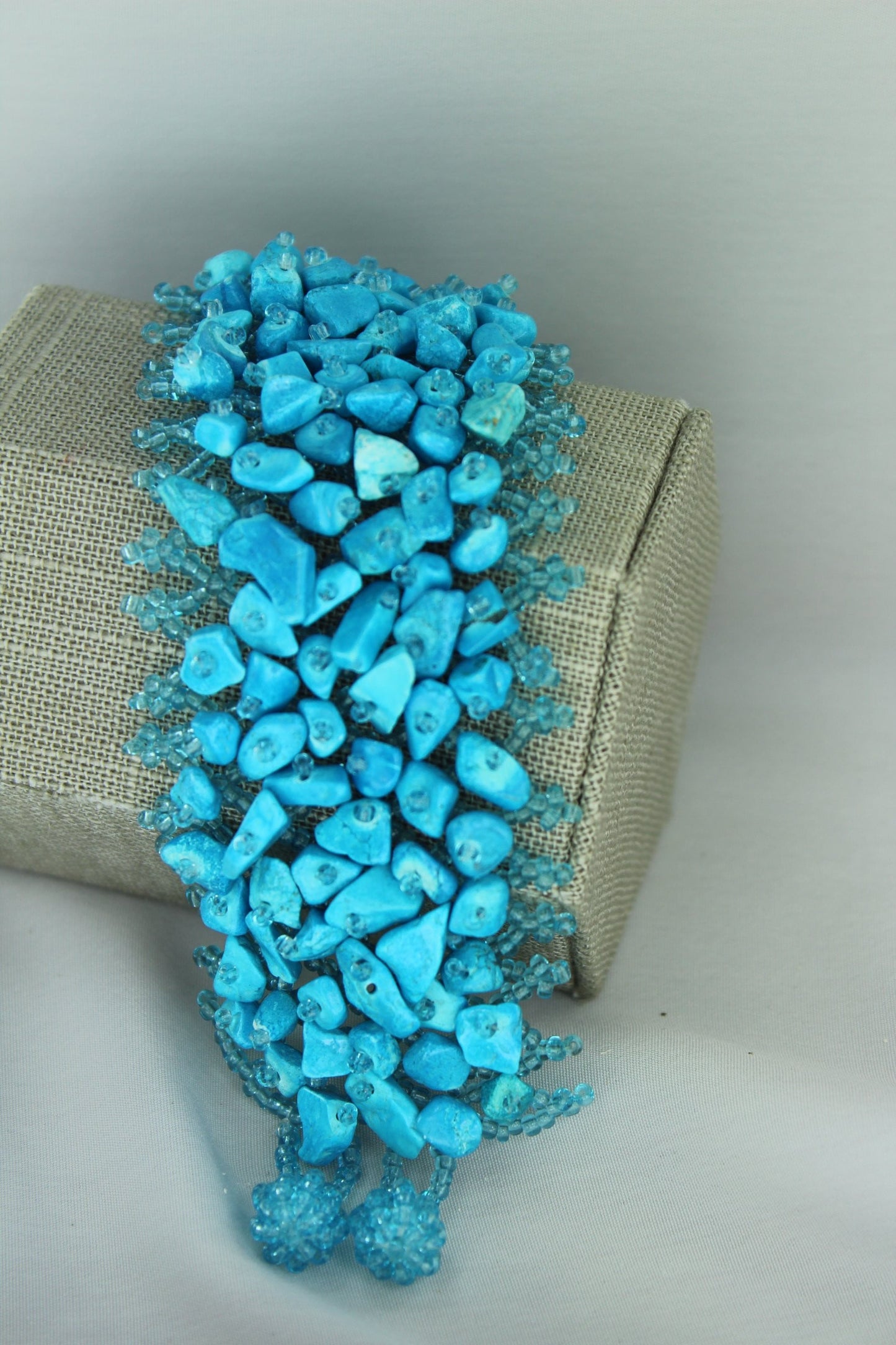 Turquoise Nugget Bracelet Seed Bead Woven Base Artisan artistic