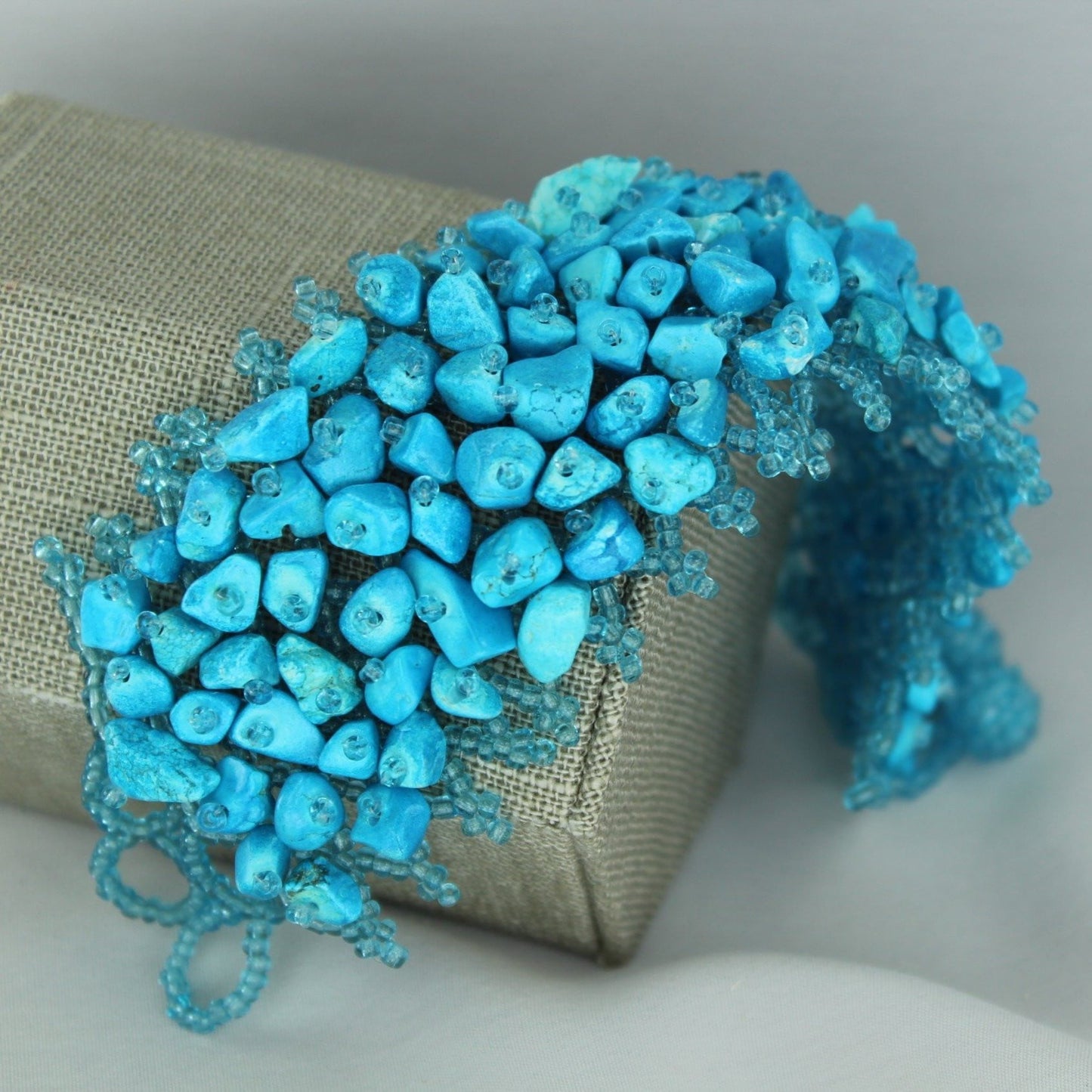 Turquoise Nugget Bracelet Seed Bead Woven Base Artisan wrap