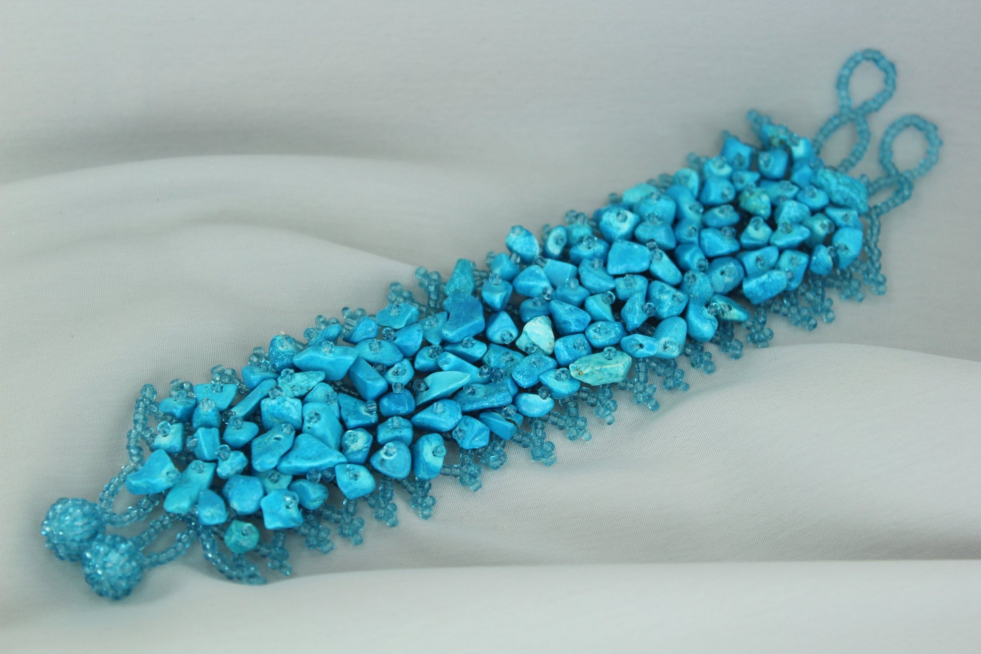 Turquoise Nugget Bracelet Seed Bead Woven Base Artisan bead closure