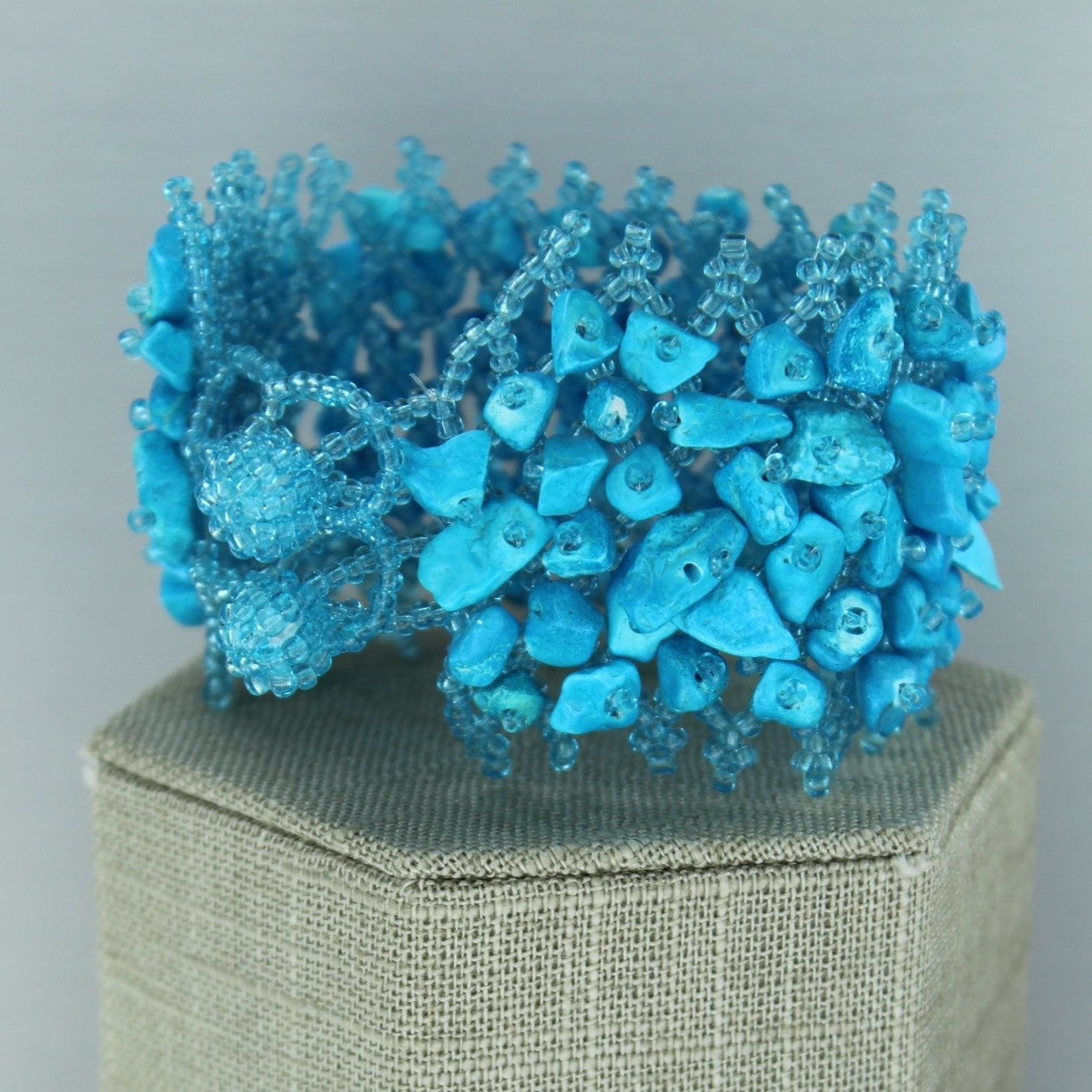 Turquoise Nugget Bracelet Seed Bead Woven Base Artisan
