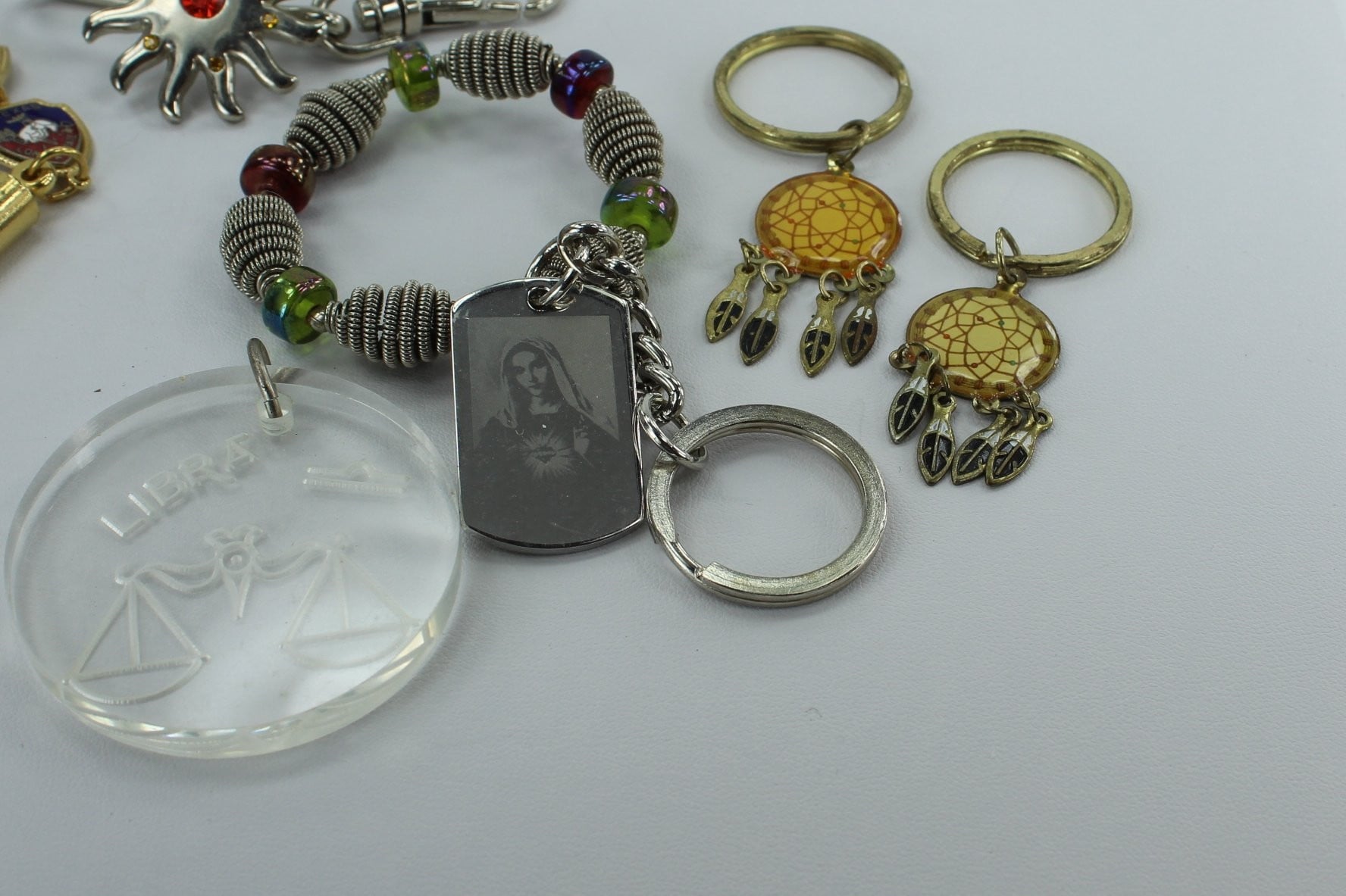 Key Ring Lot 9 Rings Whistle Pill Holder Bead Libra Dream Catcher mother mary