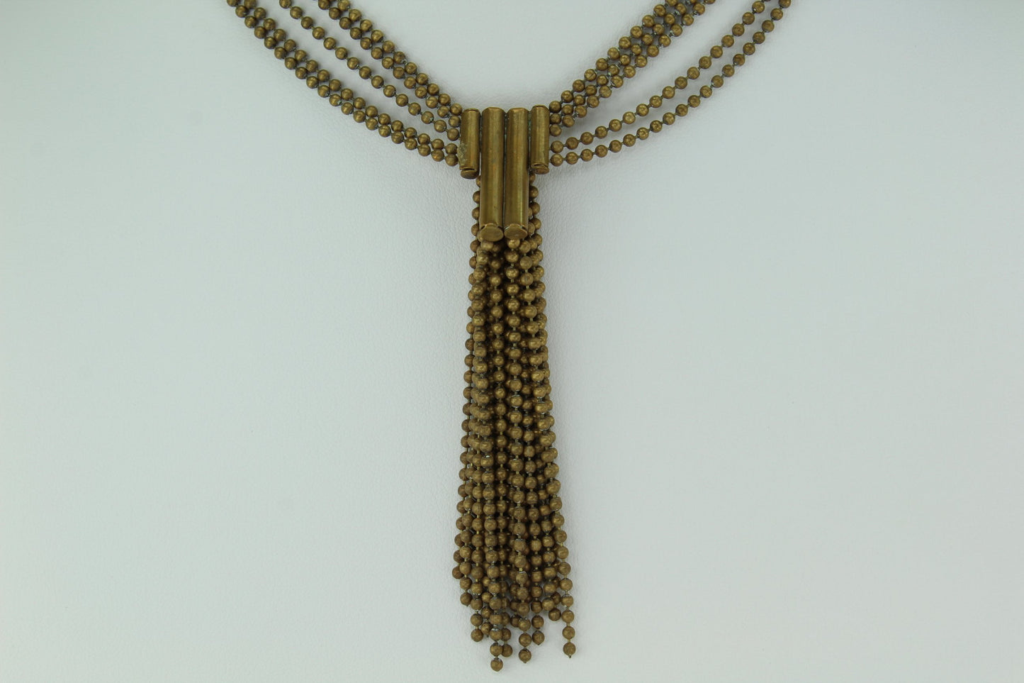 Rare Art Deco Necklace 5 Strand Brass Ball Beads Focal Bead Tassel collectible