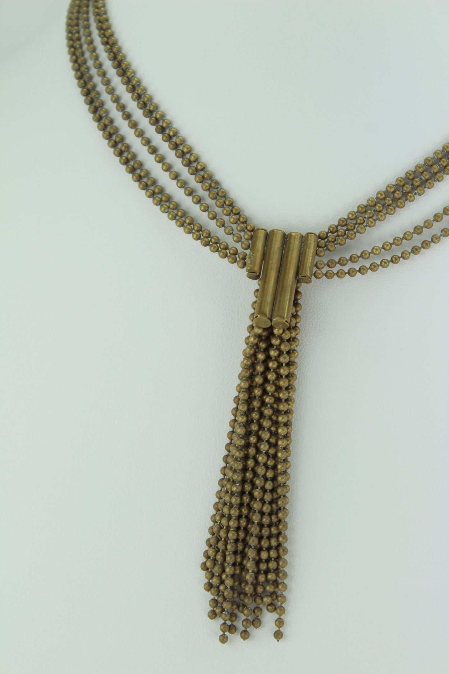 Rare Art Deco Necklace 5 Strand Brass Ball Beads Focal Bead Tassel
