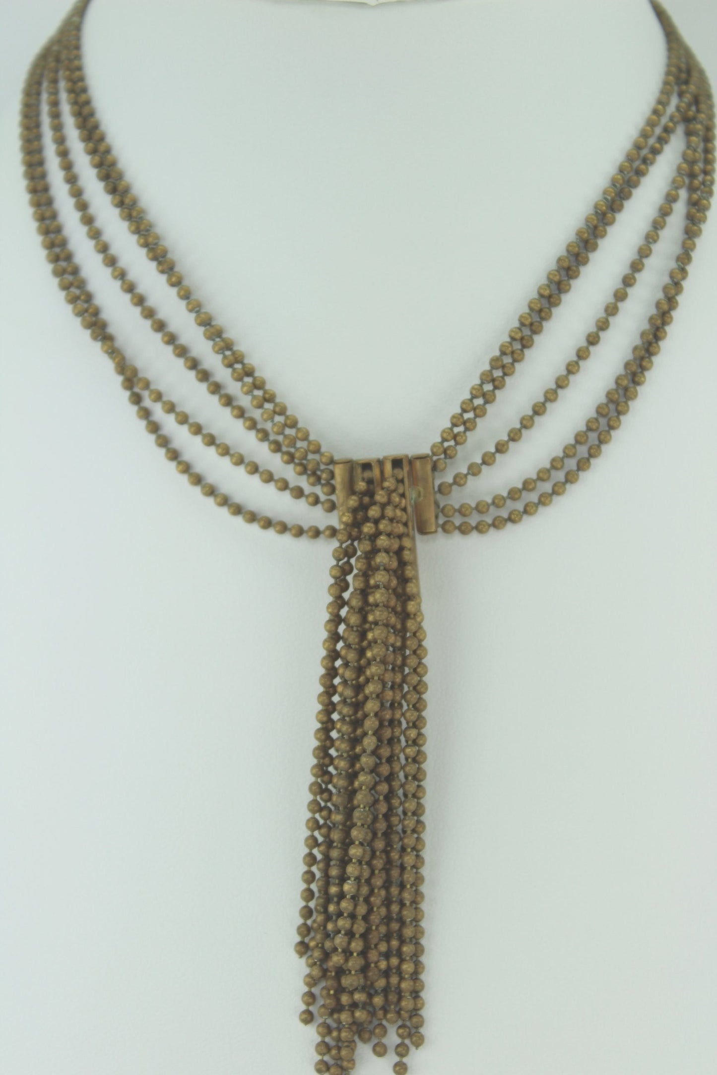 Rare Art Deco Necklace 5 Strand Brass Ball Beads Focal Bead Tassel ball bearing